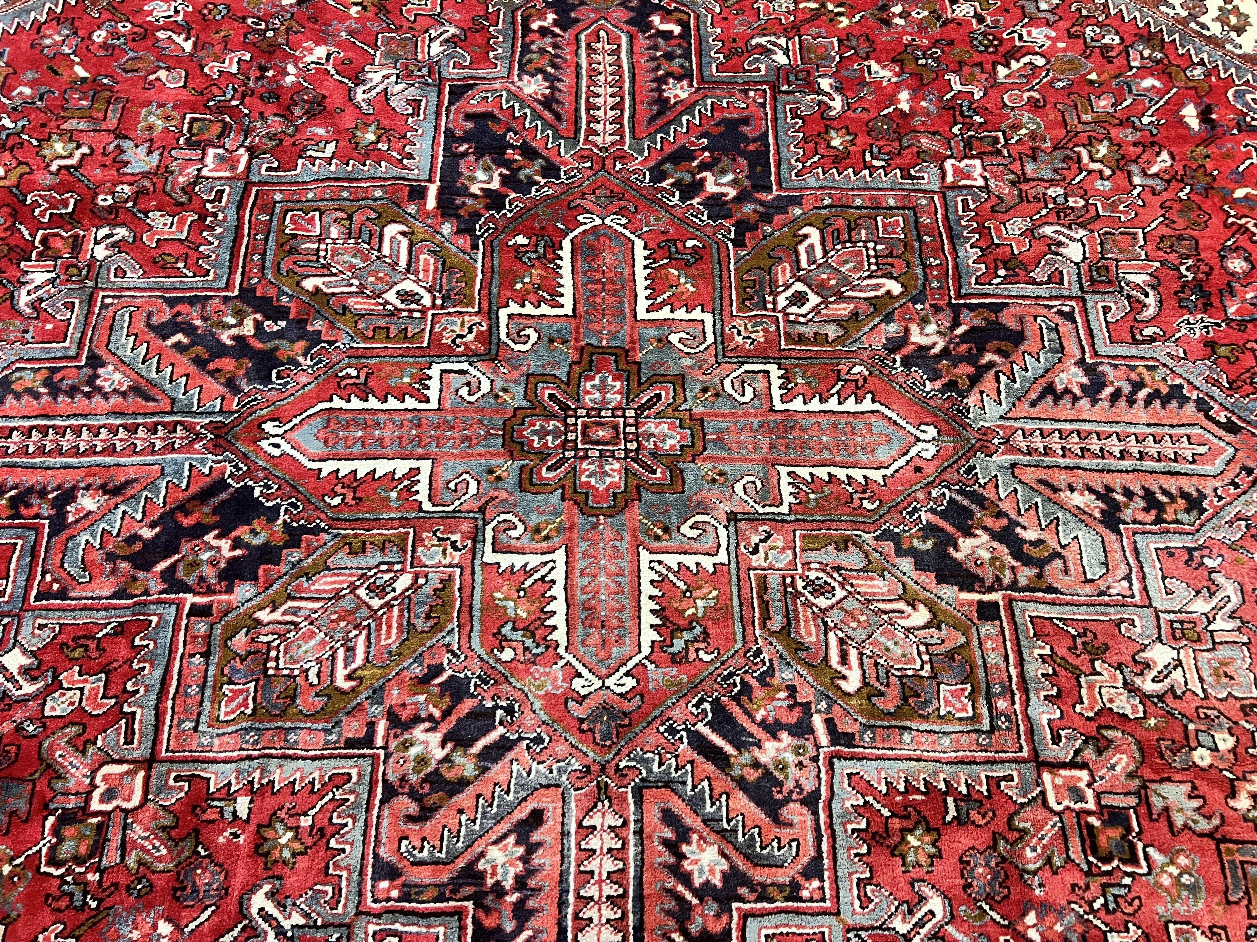 Large Persian Heriz Rug 10x13, Wool Hand Knotted Antique Carpet, Red and Ivory, Geometric Tribal Room Sized Rug, Decorative Oriental Rug - Jewel Rugs