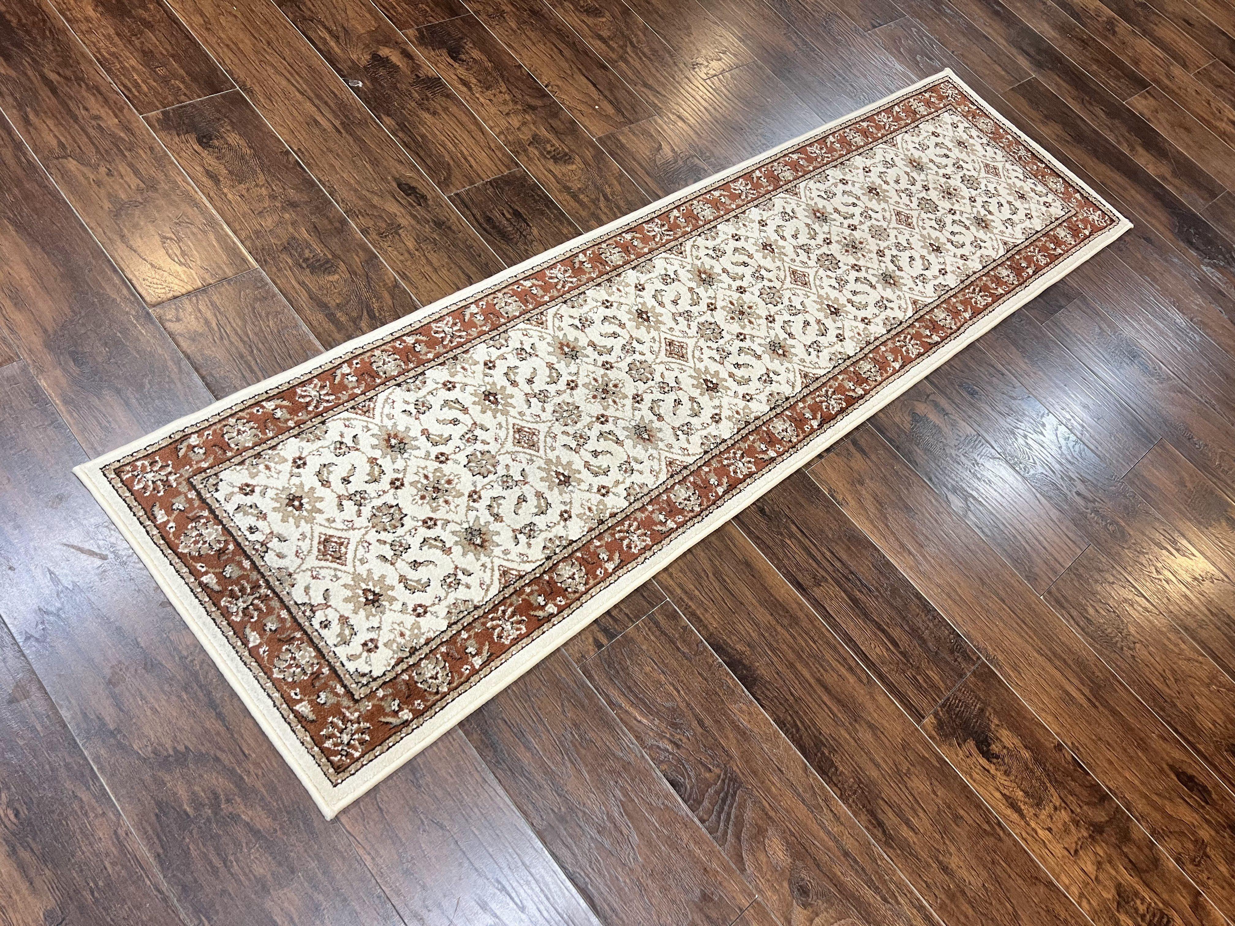 Runner Rug 2 x 7.6, Skinny Runner, Oriental Rug for Hallway, Ivory & Rust Red, Floral Allover - Jewel Rugs