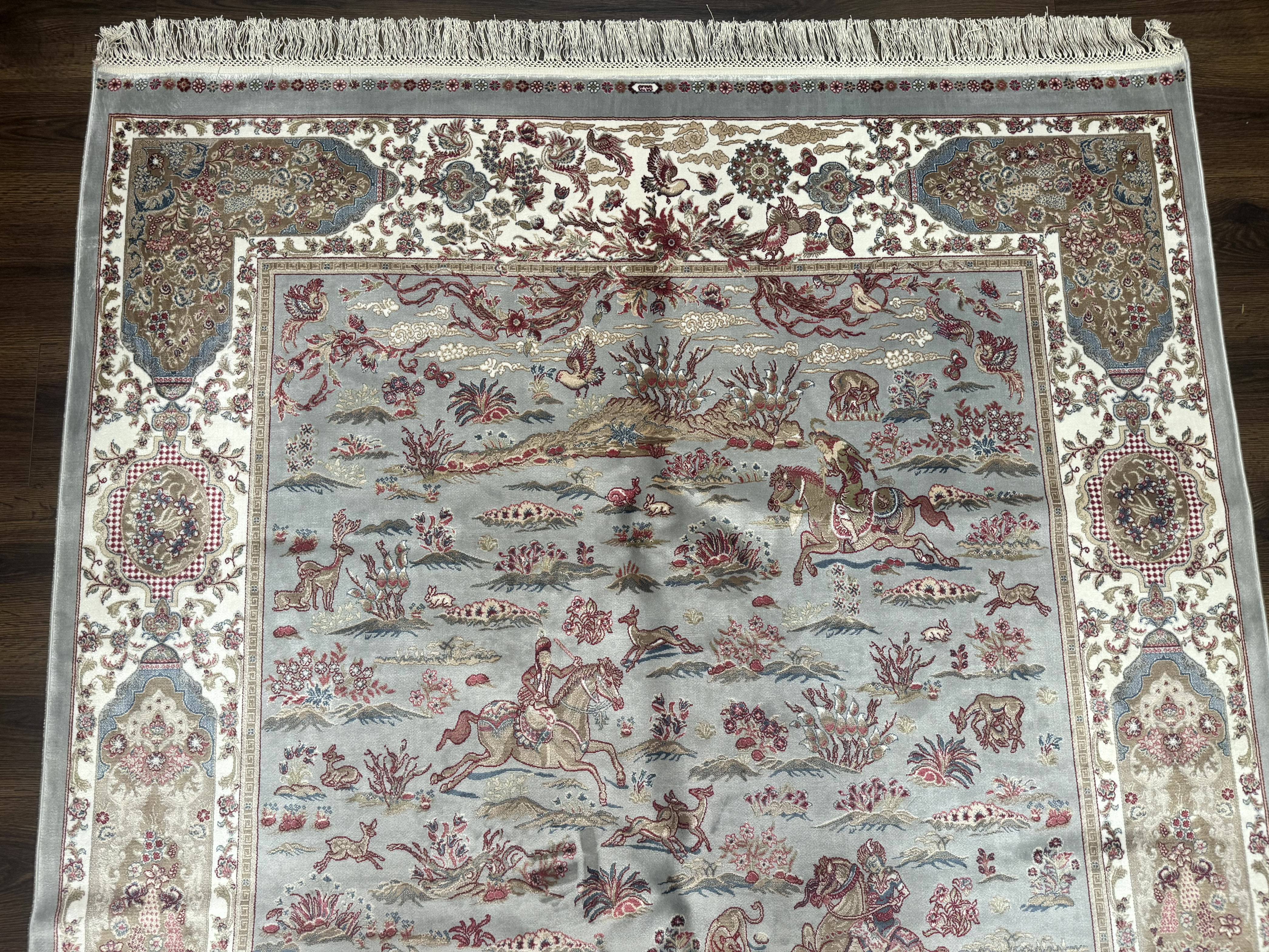 Turkish Silk Rug 5x7, Hunting Design, Animal Pictorials, Bamboo Silk - Jewel Rugs