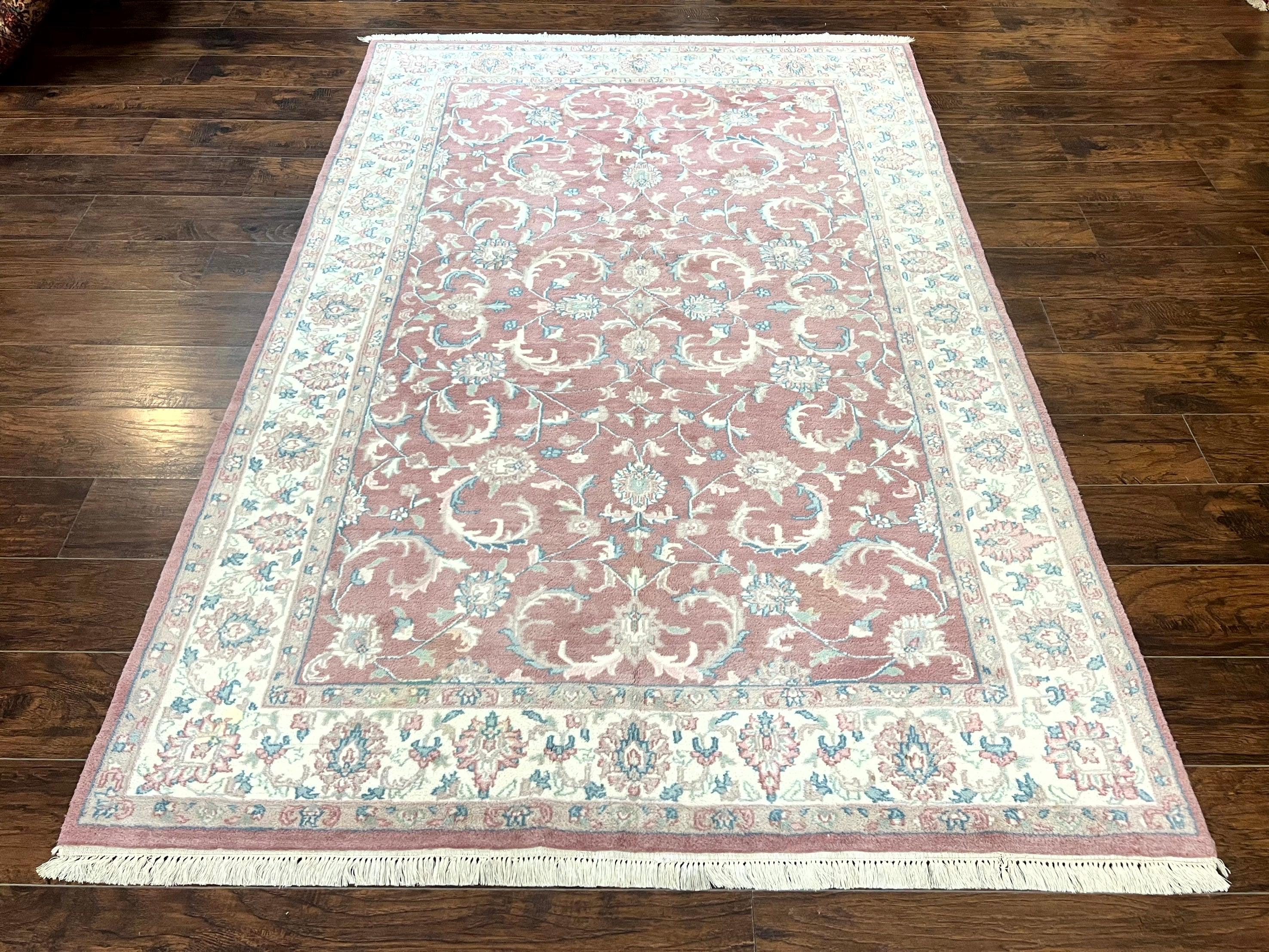 Indo Persian Rug 6x9, Light Pink and Ivory, Floral Allover Pattern, Handmade Vintage Wool Carpet - Jewel Rugs