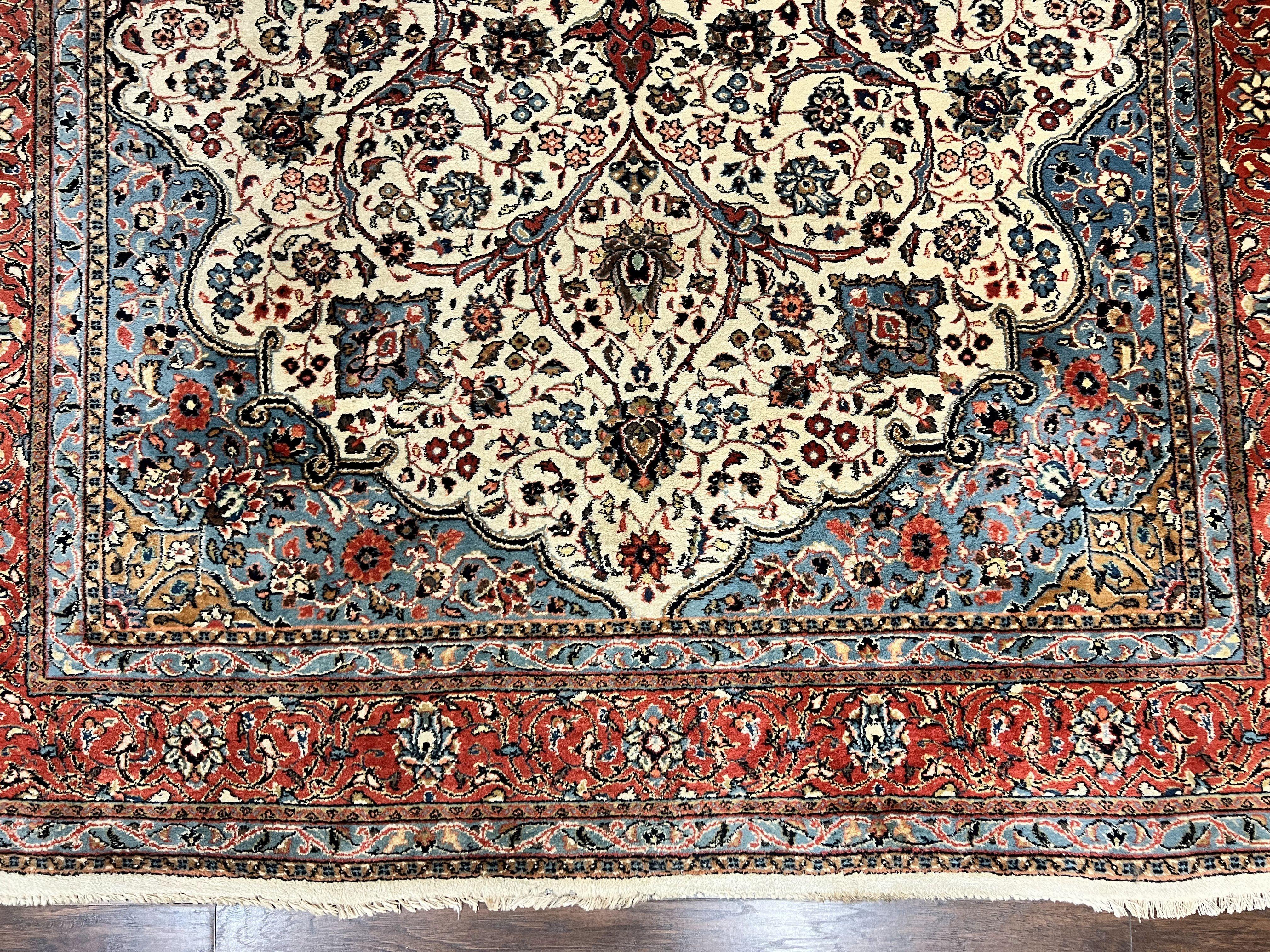 Persian Sarouk Rug 8x12, Wool Hand Knotted Antique Carpet, Floral Medallion, Cream Red, Traditional Oriental Rug - Jewel Rugs
