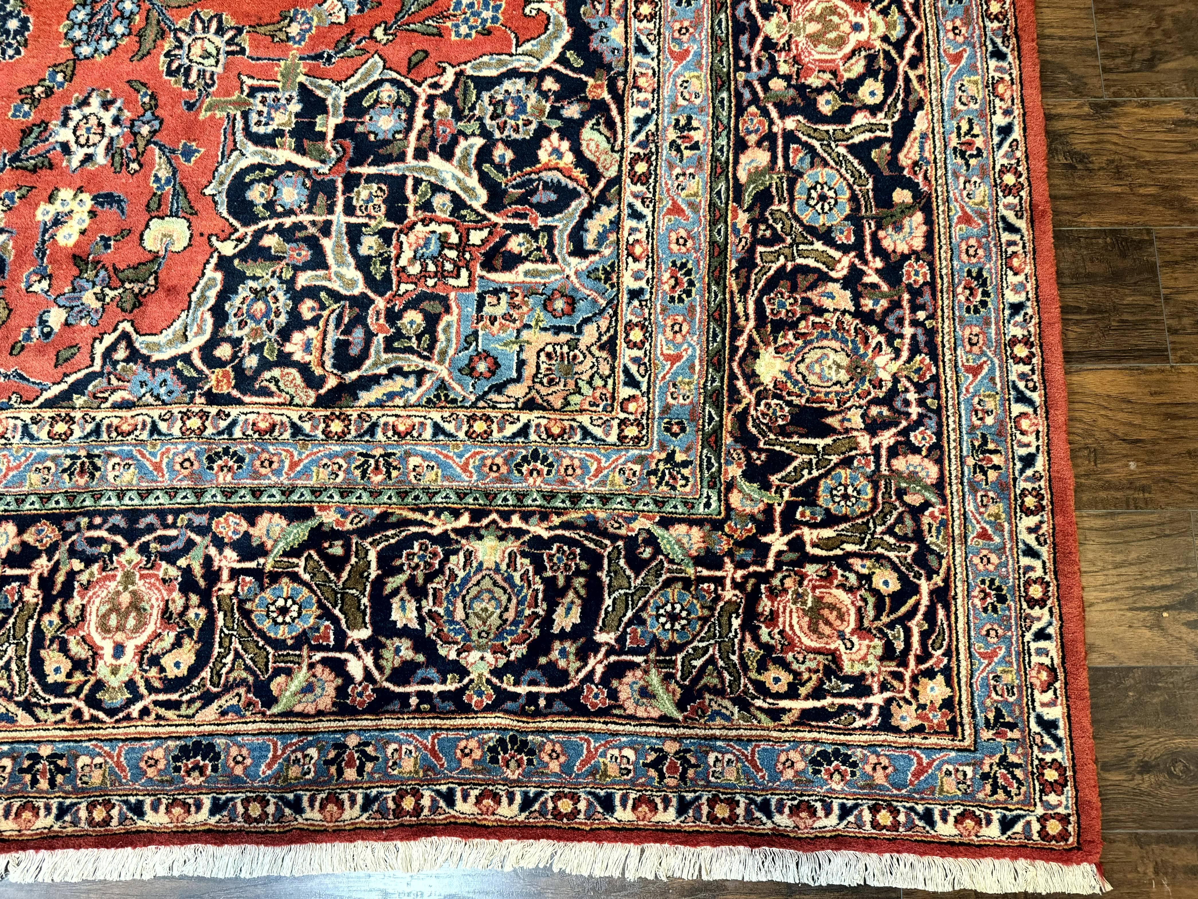 Red Persian Kashan Rug 10x14, Hand-Knotted Semi Antique Floral Medallion Handmade Wool Carpet, Red & Navy Blue - Jewel Rugs