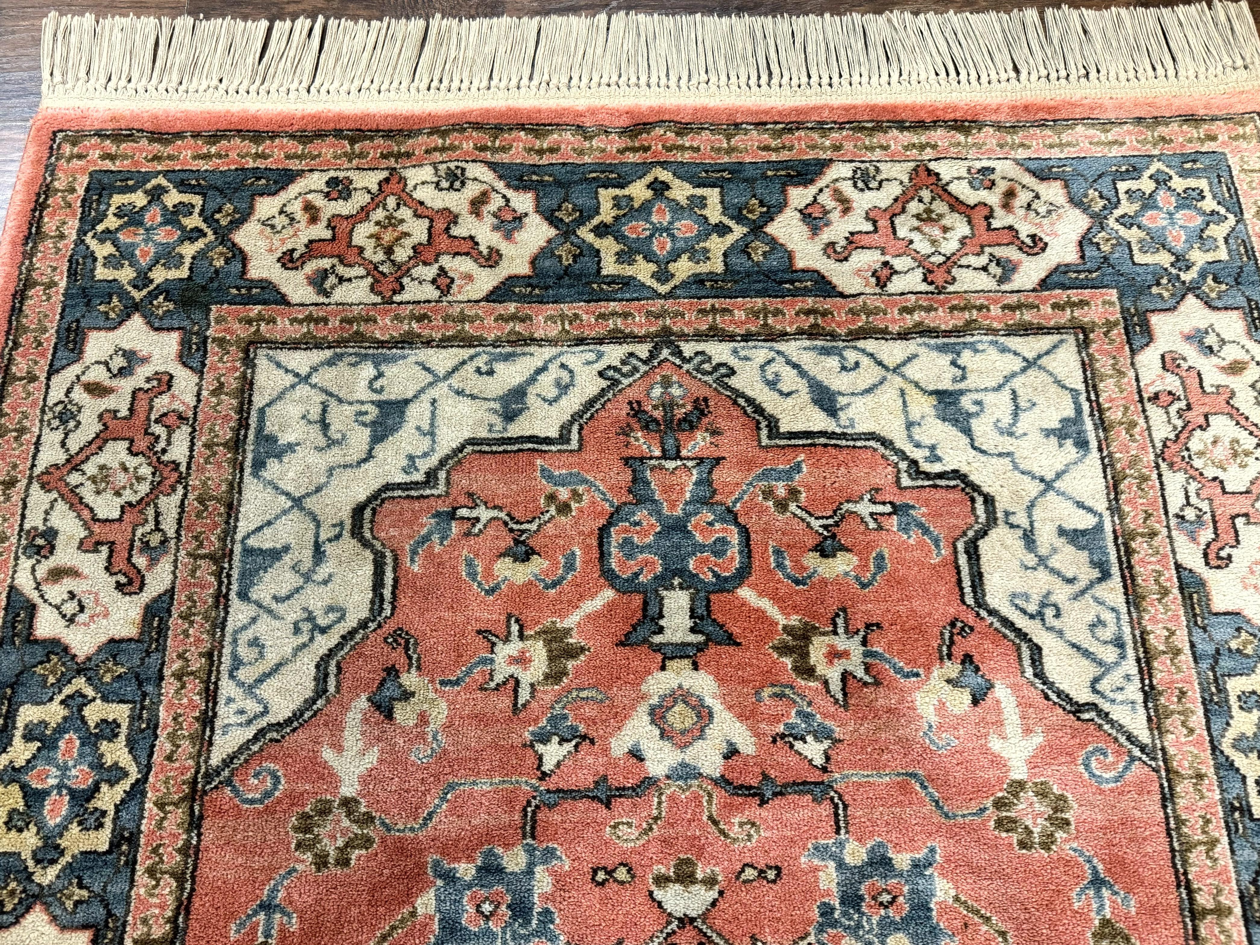 Karastan Rug 4x6 Bergama Design #737, Karastan Area Rug, Vintage Wool Karastan Carpet, Original Collection 700 Series, Salmon Red Light Blue - Jewel Rugs