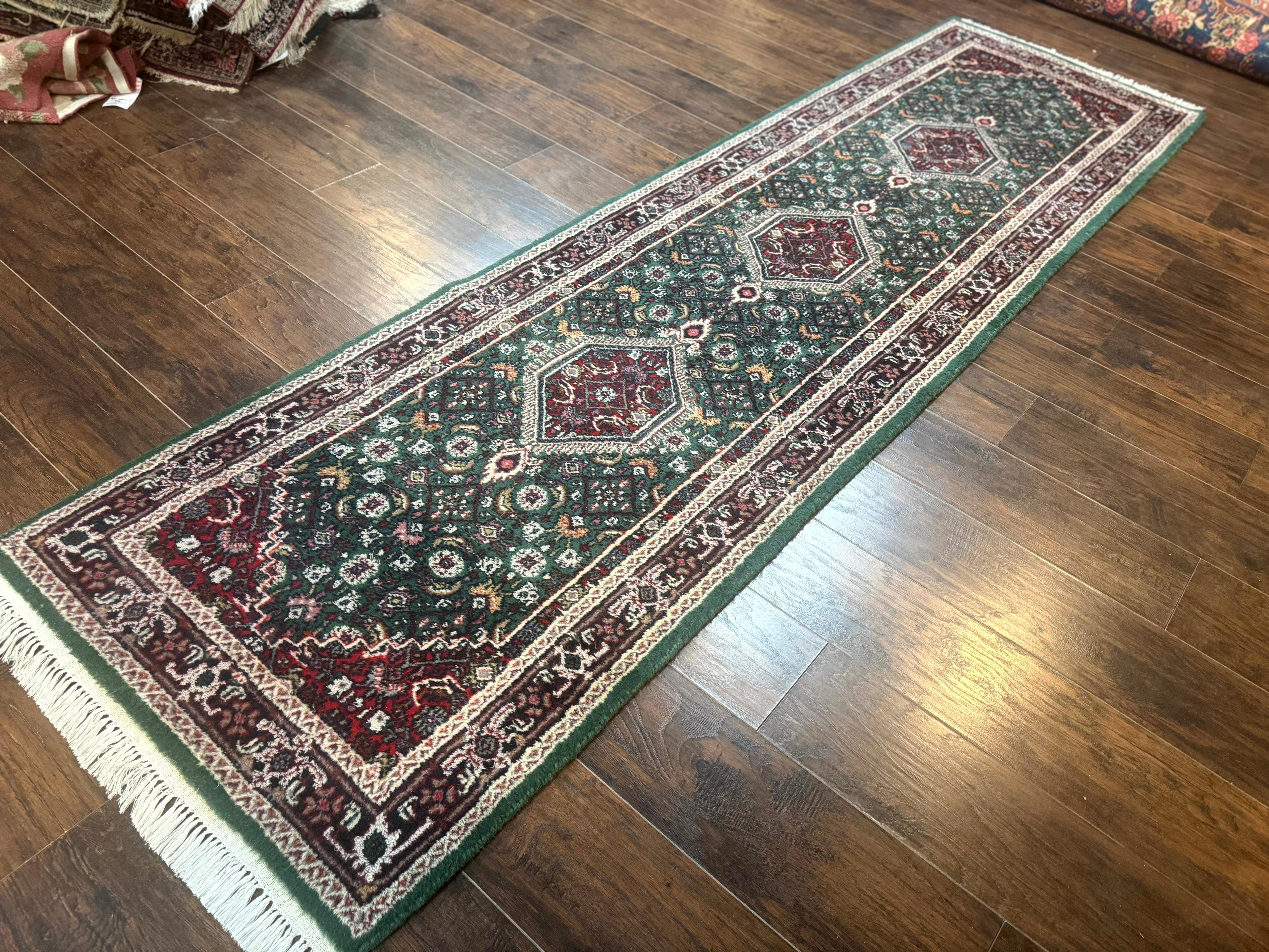 Green Indo Persian Bidjar Runner Rug 3x10, Green and Red - Jewel Rugs