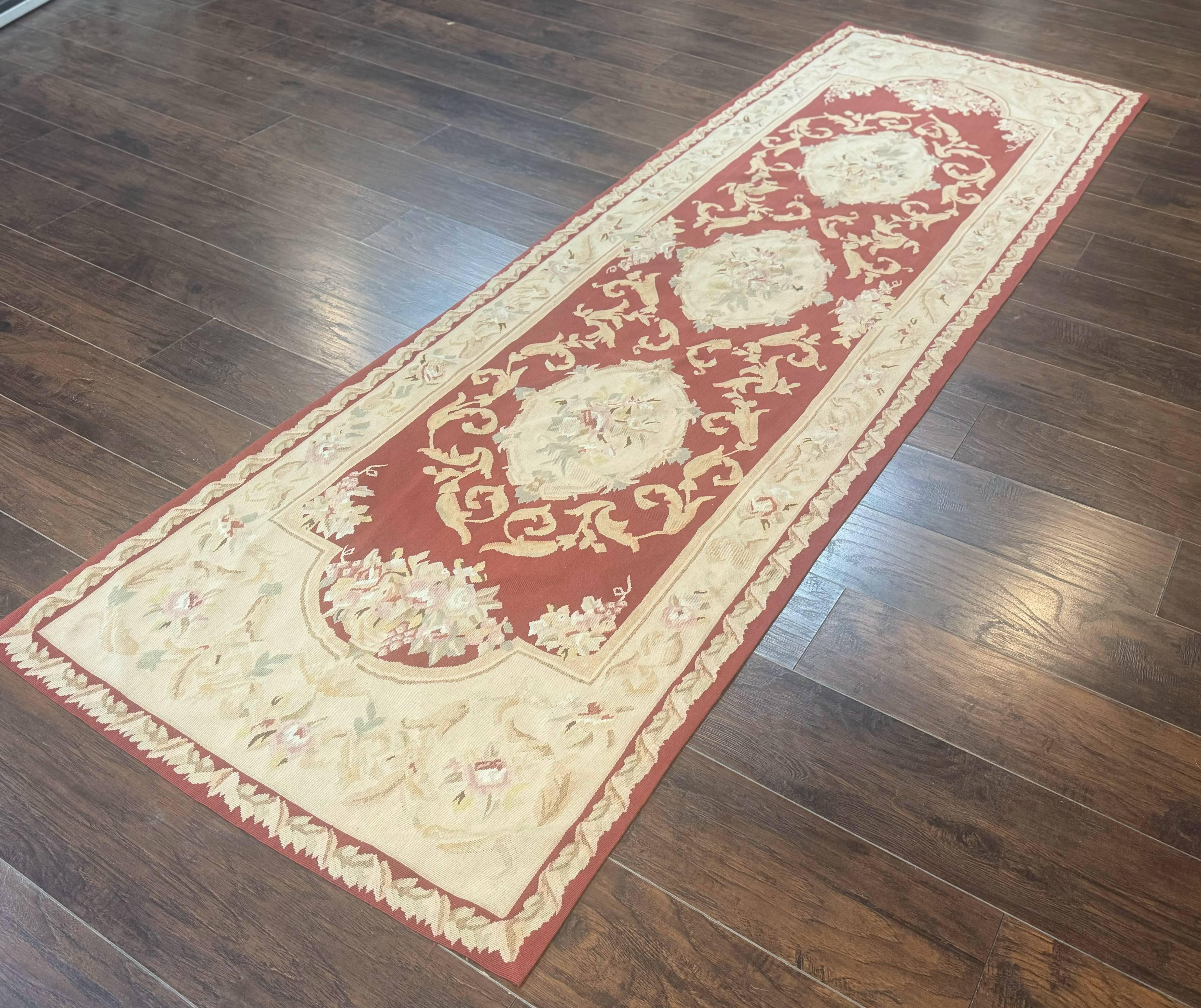 Aubusson Runner Rug 3x10, European Design, Red and Beige, Elegant, Handmade Wool Rug - Jewel Rugs