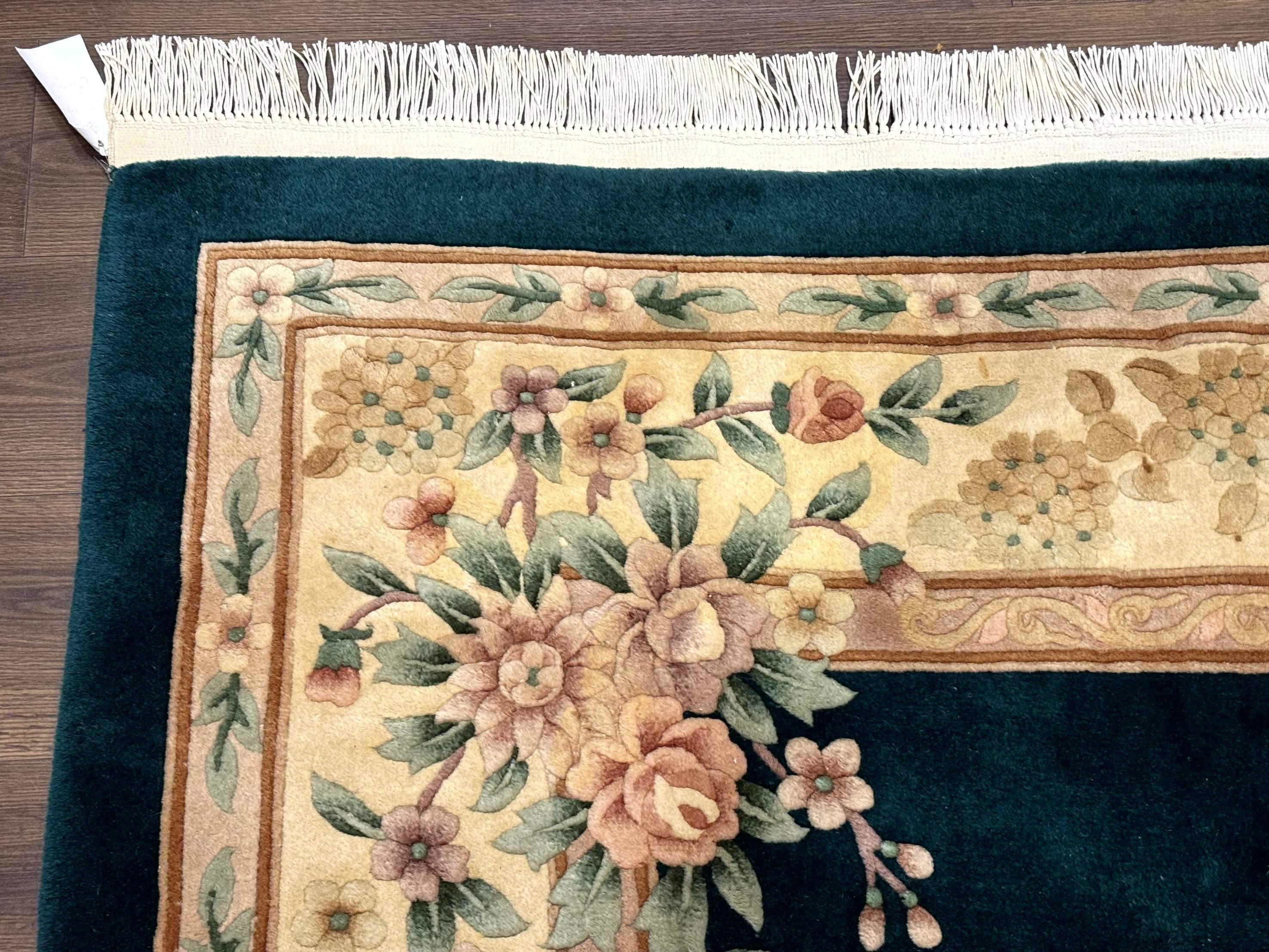 Chinese Wool Rug 8x10, Floral, Soft Thick Pile, Chinese Aubusson 90 Line Rug, Dark Teal and Beige - Jewel Rugs
