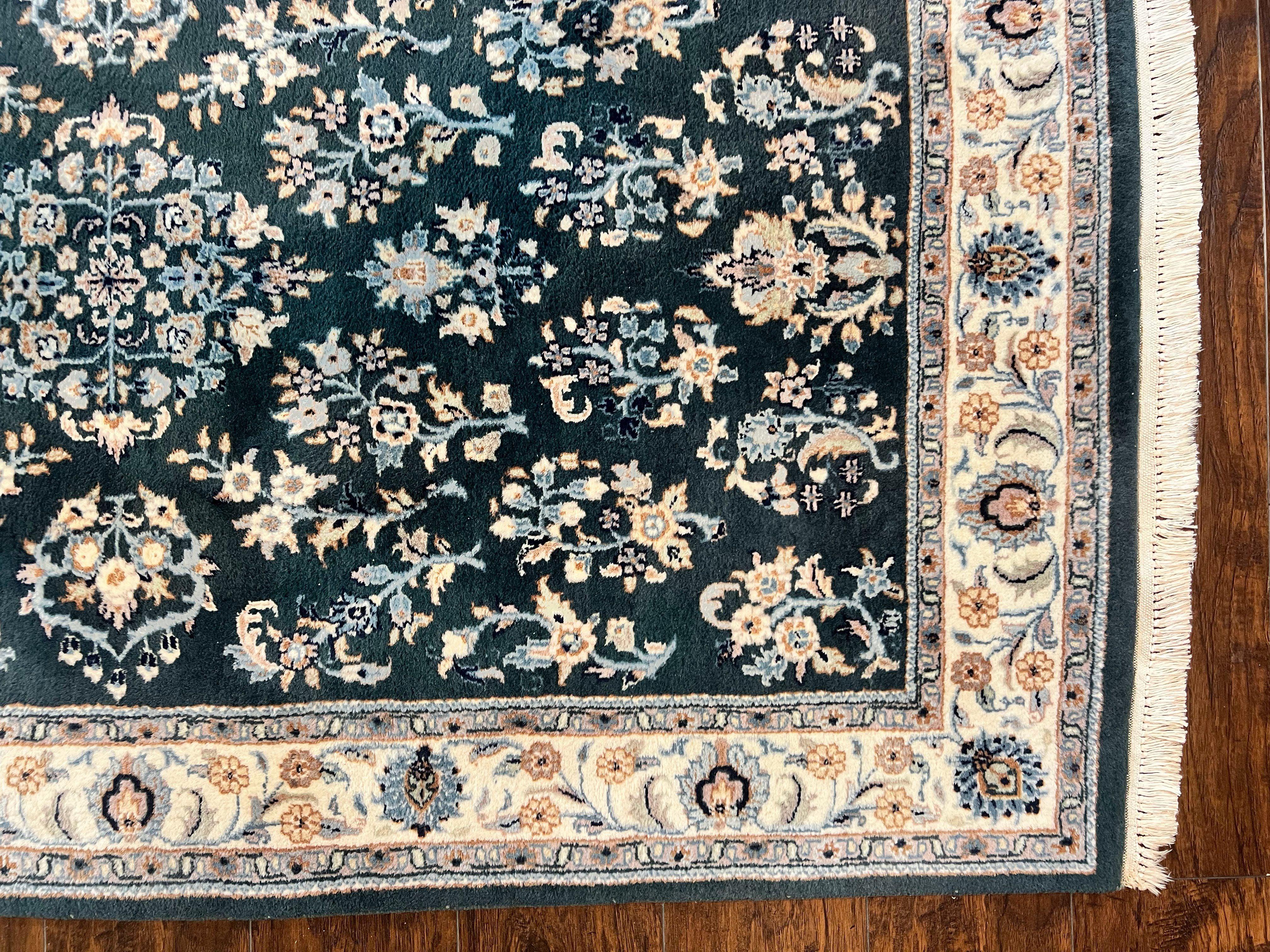 Green Indo Persian Rug 4x6, Floral Allover, Handmade Vintage Oriental Carpet, Sarouk Rug, Wool - Jewel Rugs