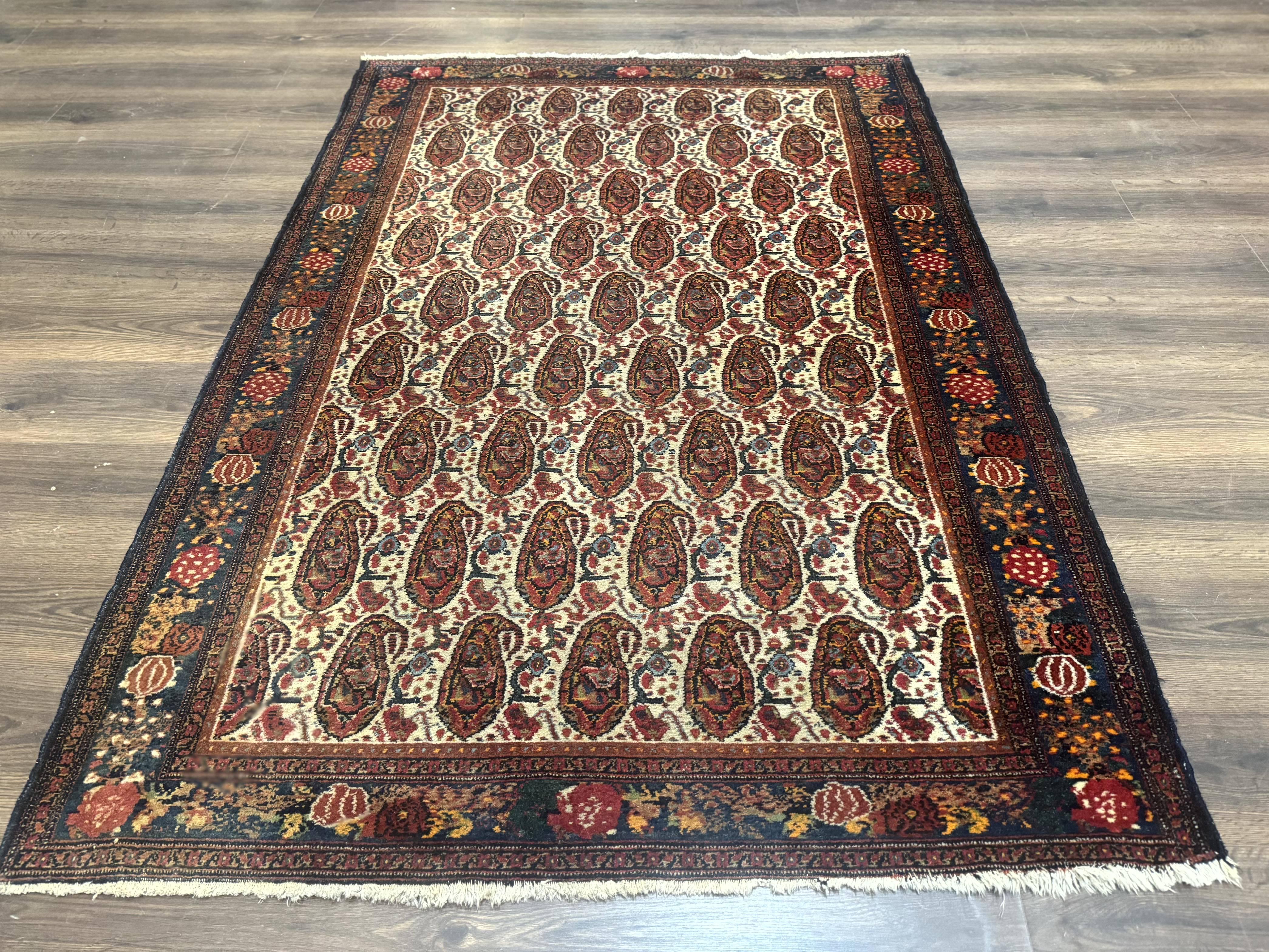Antique Persian Kurdish Senneh Rug 4.6 x 6.5, Repeated Paisely Boteh Design, Handmade - Jewel Rugs