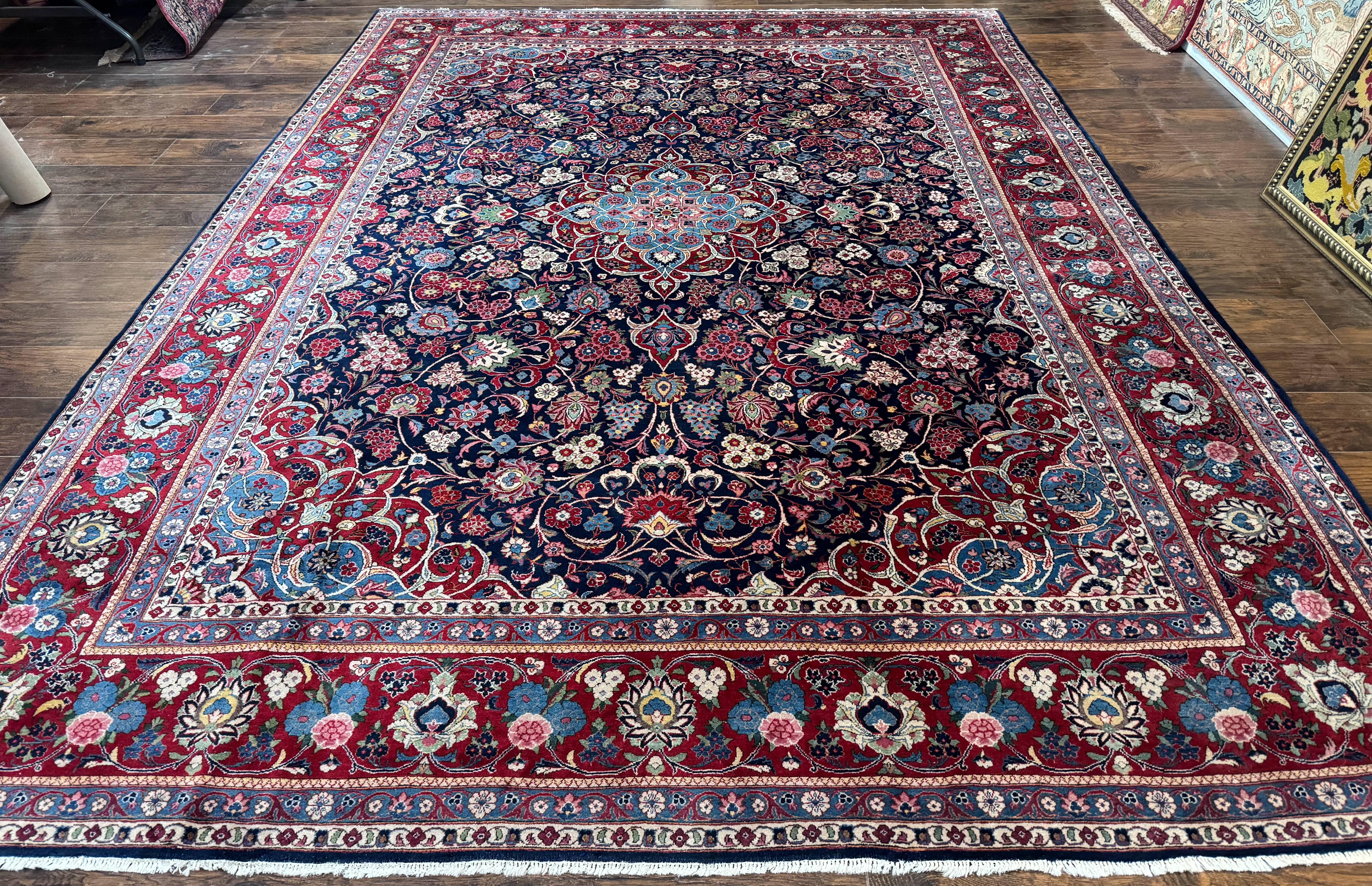 Navy Blue Persian Rug 9x12, Antique Persian Carpet, Kork Wool, 200 KPSI, Persian Kashan Rug - Jewel Rugs