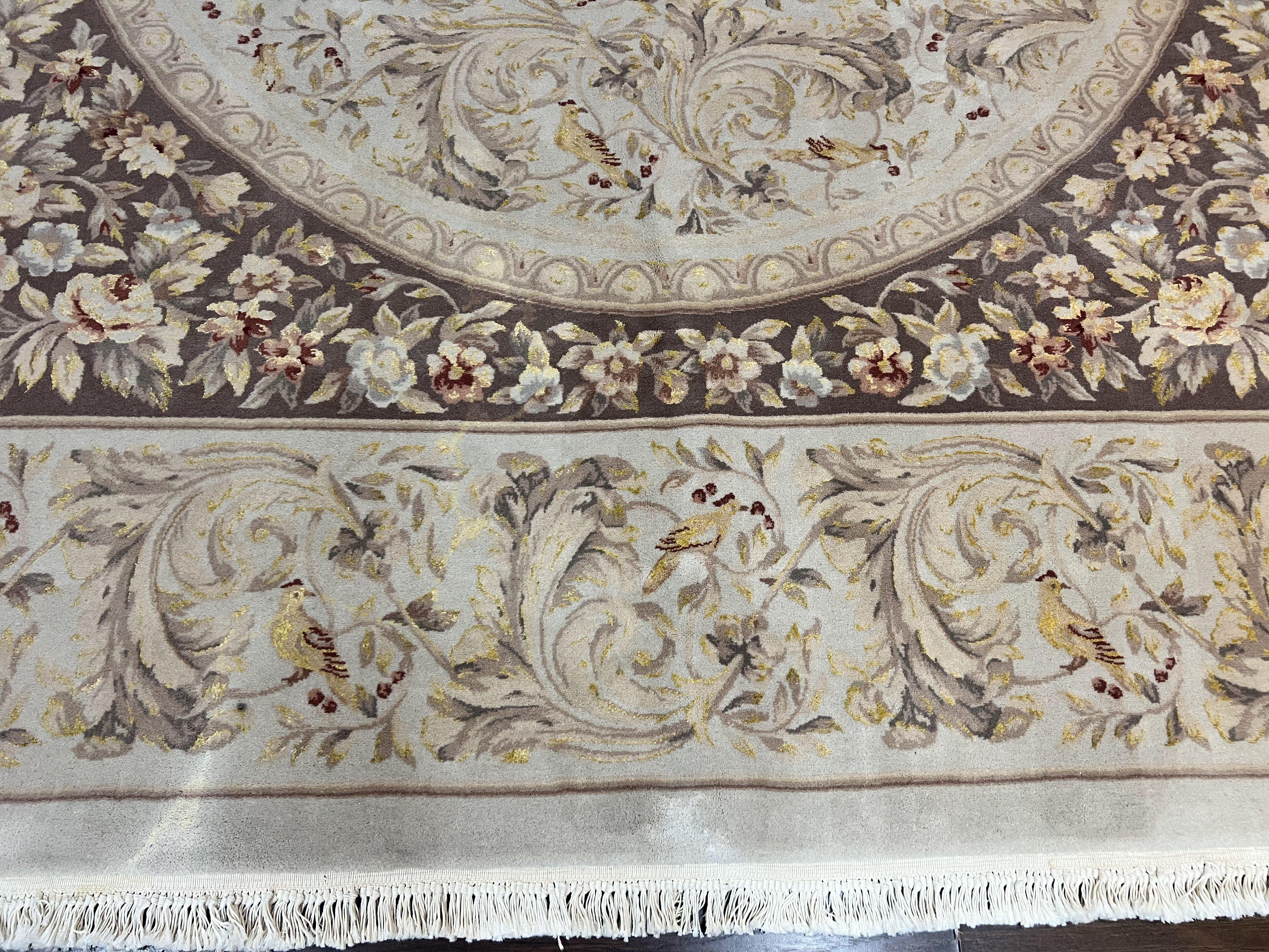 Aubusson Rug 10x14, Wool & Silk Highlights Hand Knotted Vintage Carpet, Birds Flowers, Fine Details, Elegant - Jewel Rugs