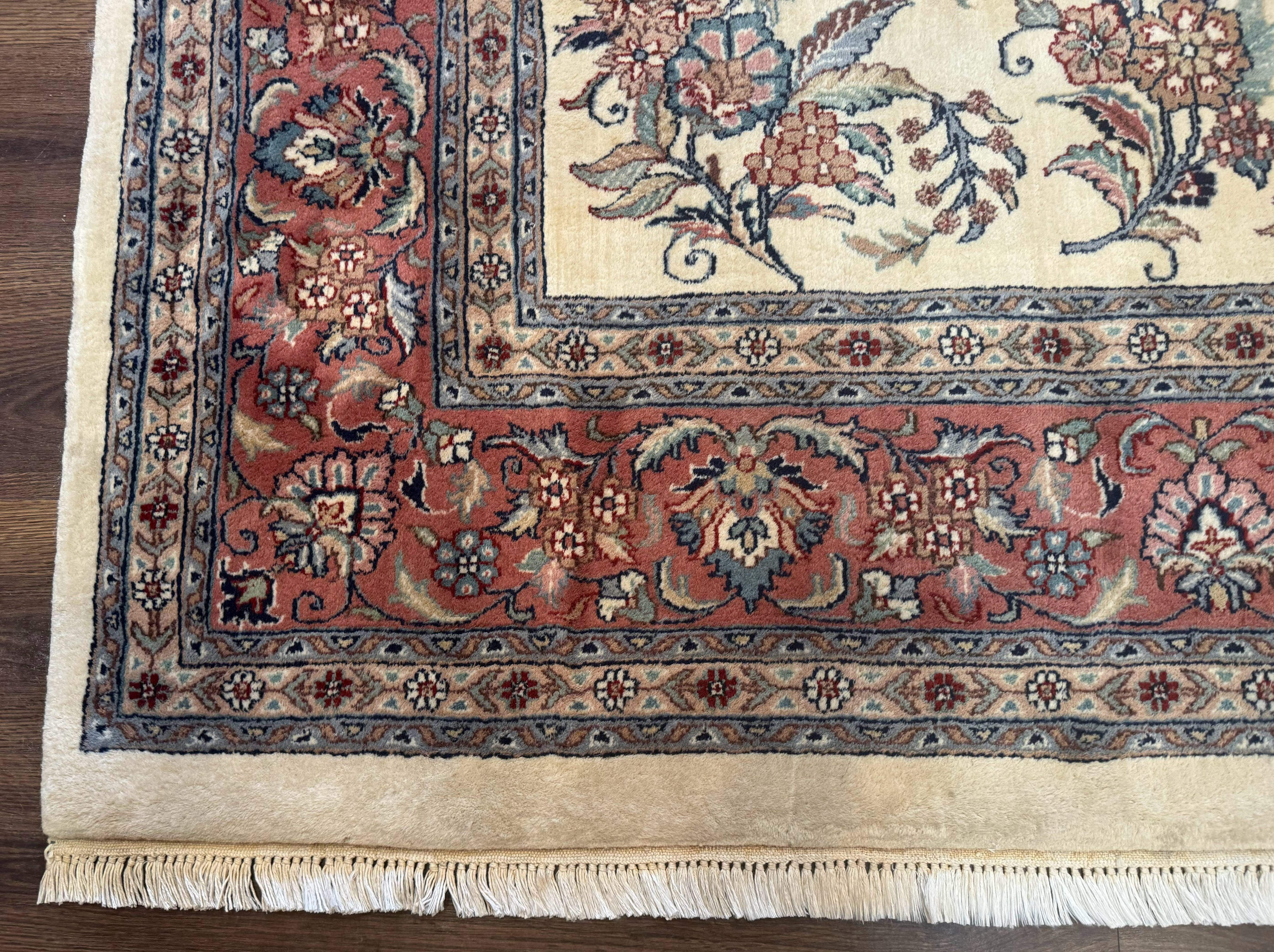 Indo Persian Sarouk Rug 8x10, Ivory and Pink, Floral - Jewel Rugs