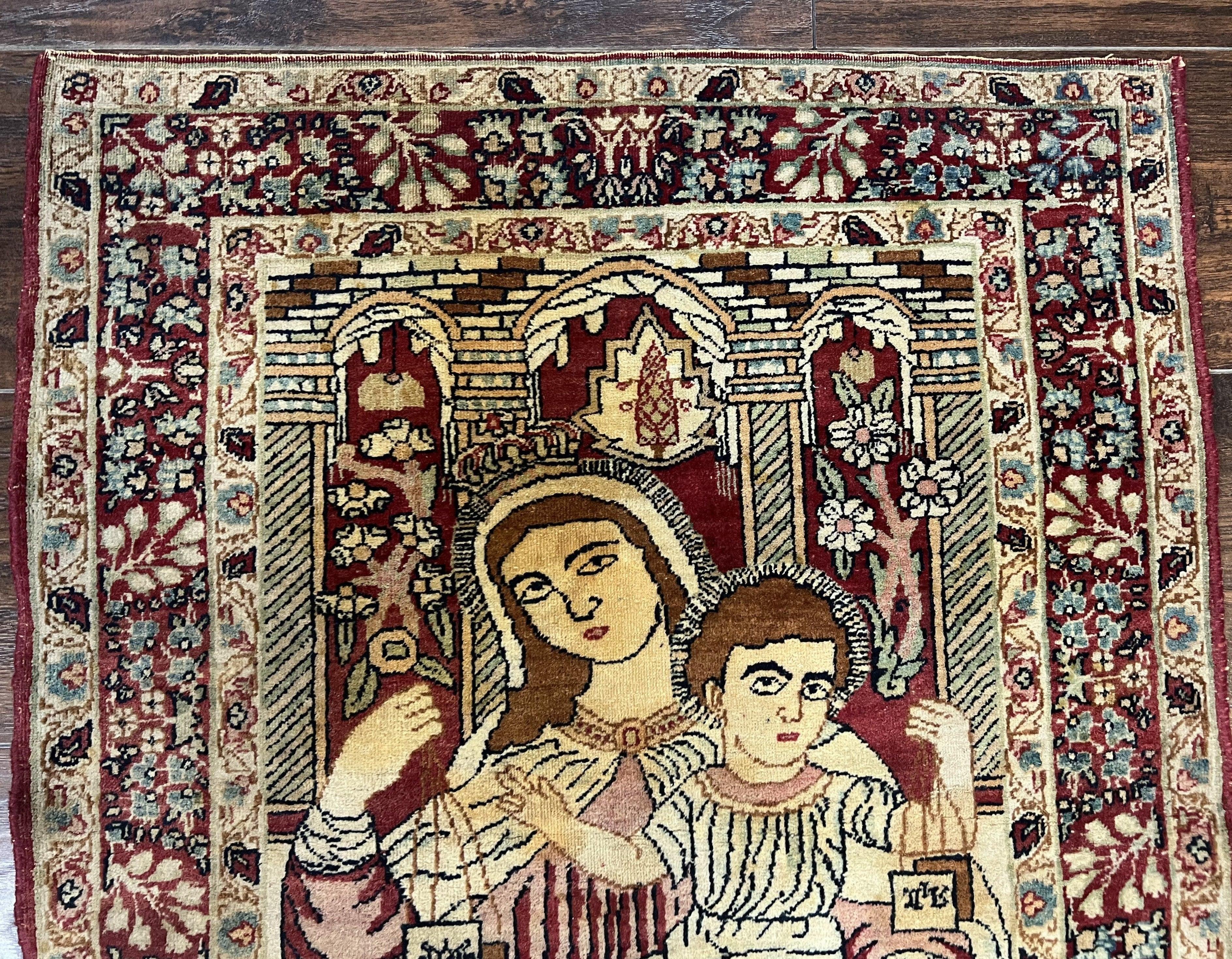 Antique Persian Pictorial Rug 2x3, Virgin Mary and Young Jesus, Rare Christian Kirman Lavar Rug, Hand Knotted Wool Carpet, Collectible - Jewel Rugs