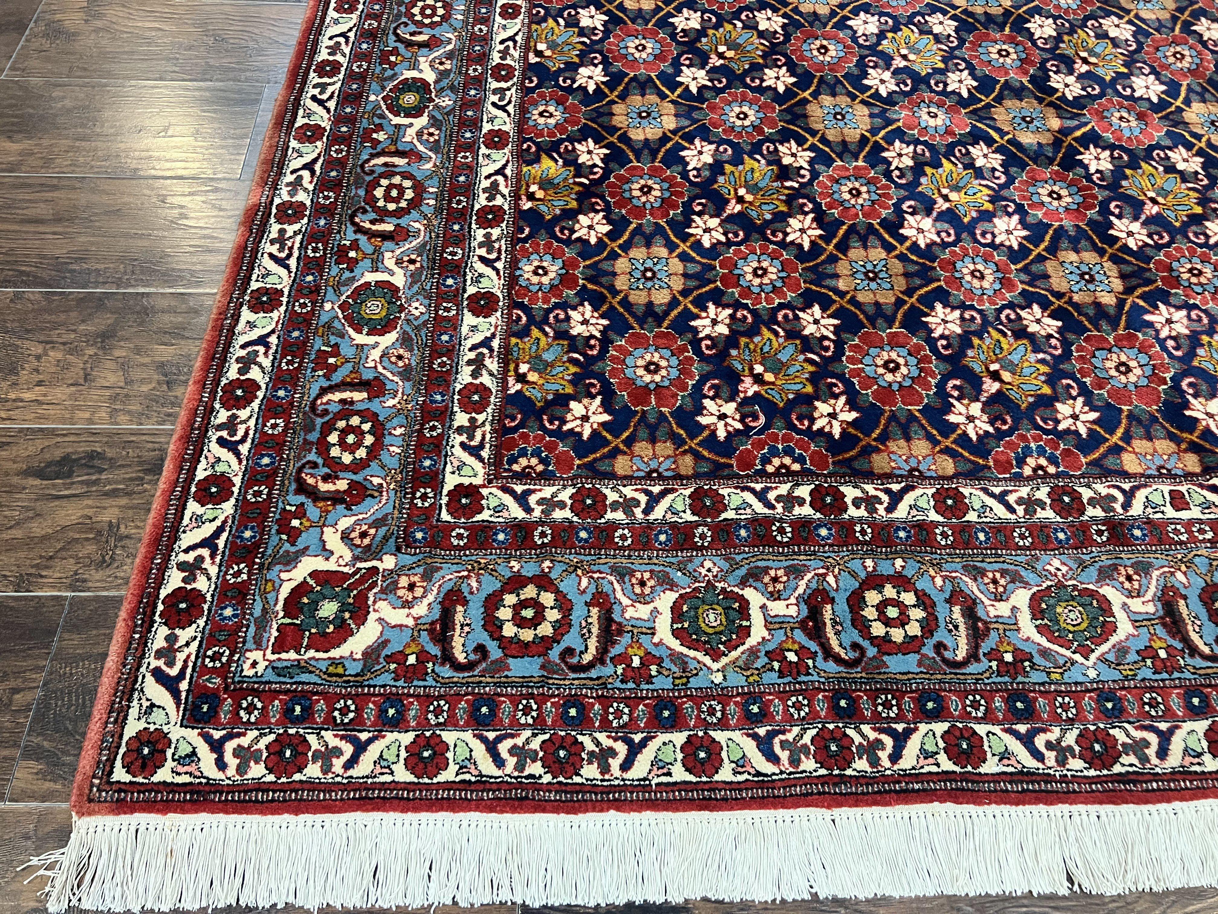 Persian Veramin Rug 7x11, Repeated Allover Pattern, Handmade Vintage Carpet, Navy Blue - Jewel Rugs