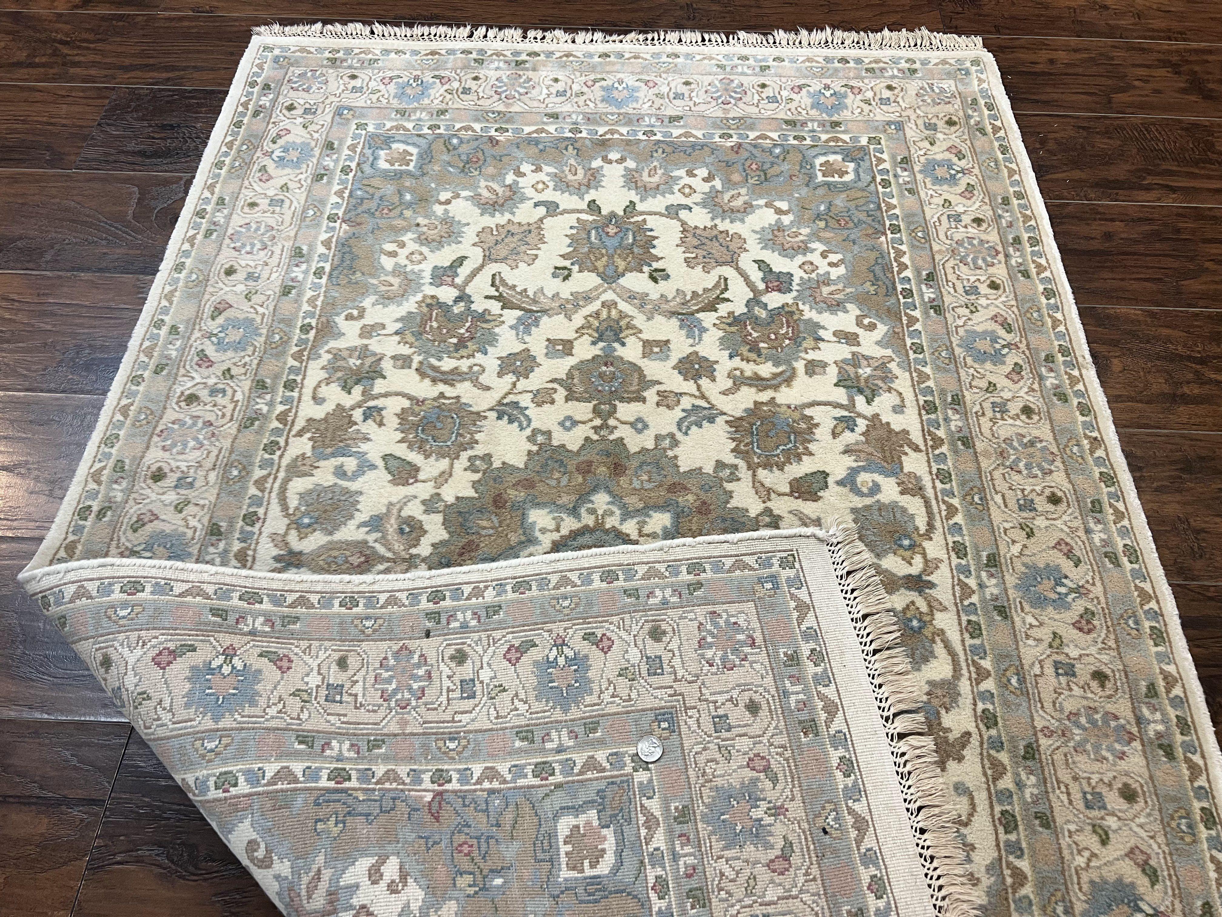 Indo Persian Rug 4x6, Floral Medallion, Beige, Handmade Wool Vintage Carpet 4 x 6 ft - Jewel Rugs