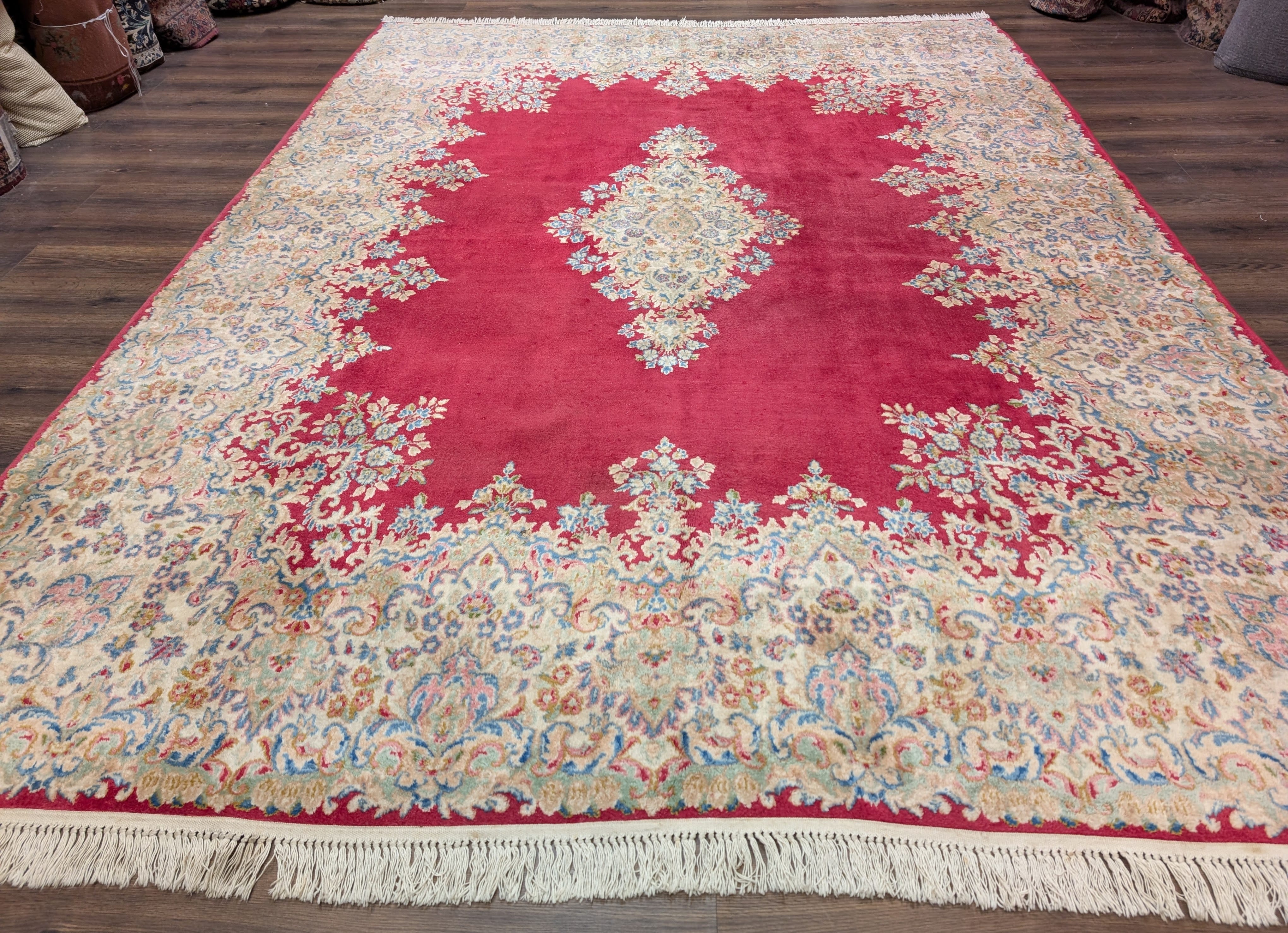Persian Rug 9x12, Kerman Rug, Semi Open Field, Medallion, Red, Vintage, Wool - Jewel Rugs