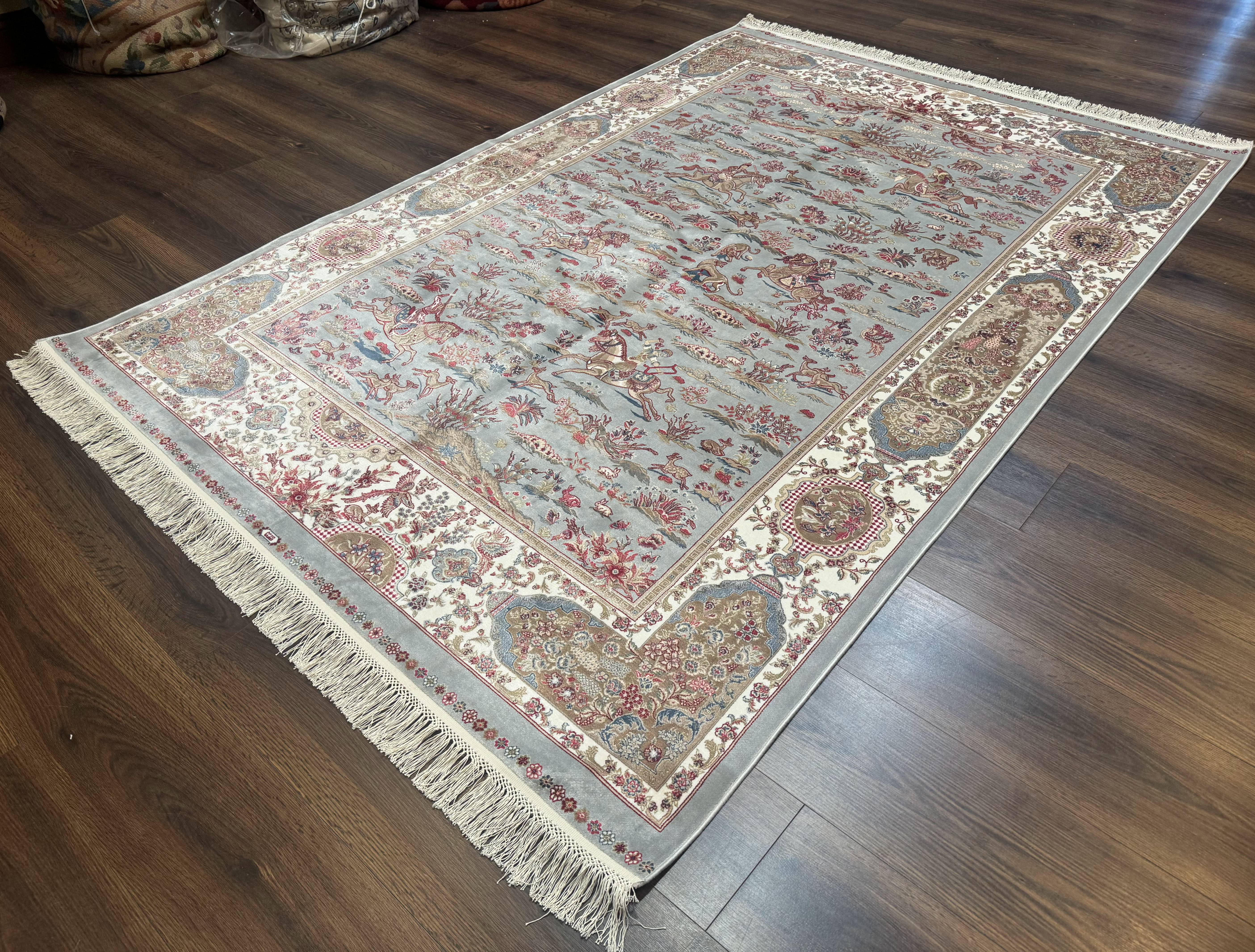 Turkish Silk Rug 5x7, Hunting Design, Animal Pictorials, Bamboo Silk - Jewel Rugs