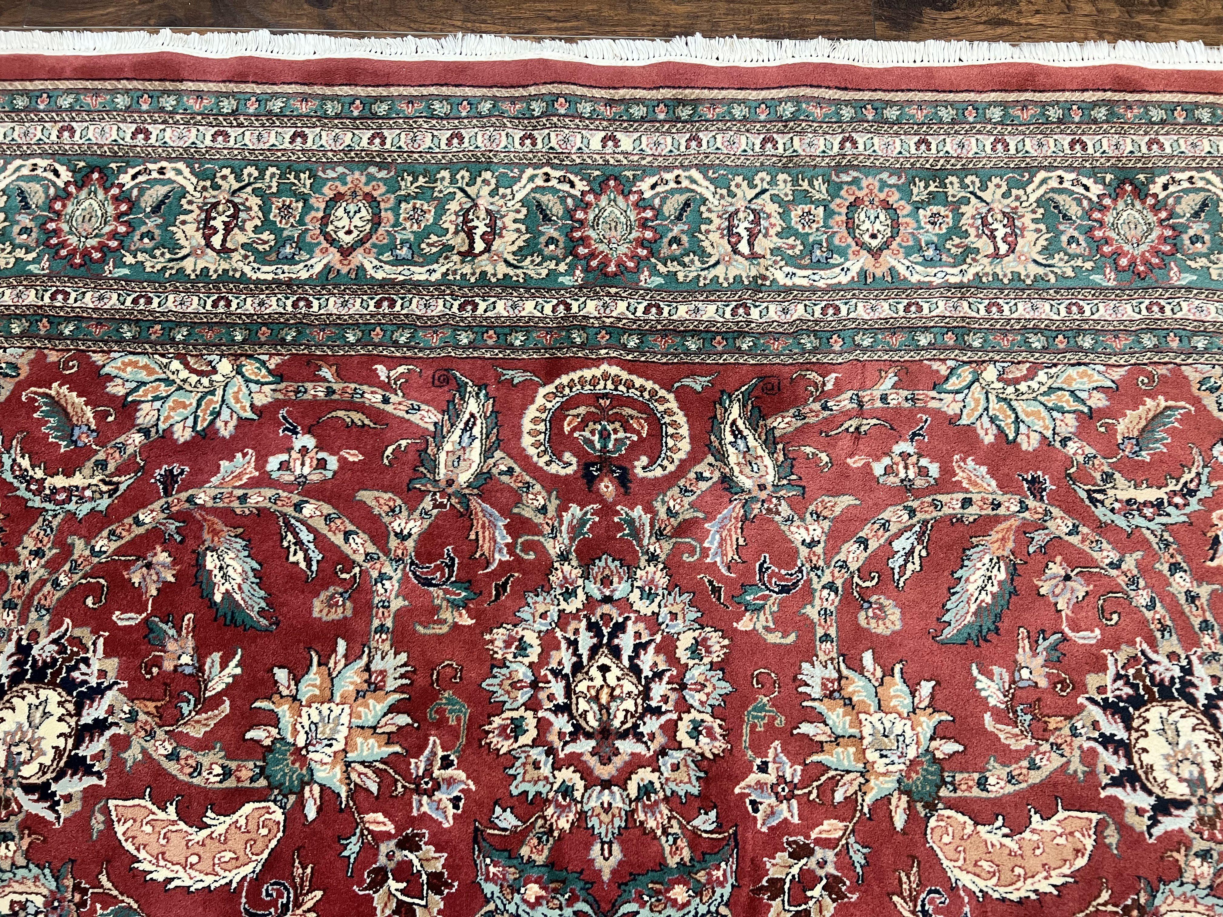 Indo Persian Rug 9x12, Wool Hand Knotted Vintage Carpet, Red & Green, Floral Allover 9 x 12 Room Sized Oriental Rug - Jewel Rugs