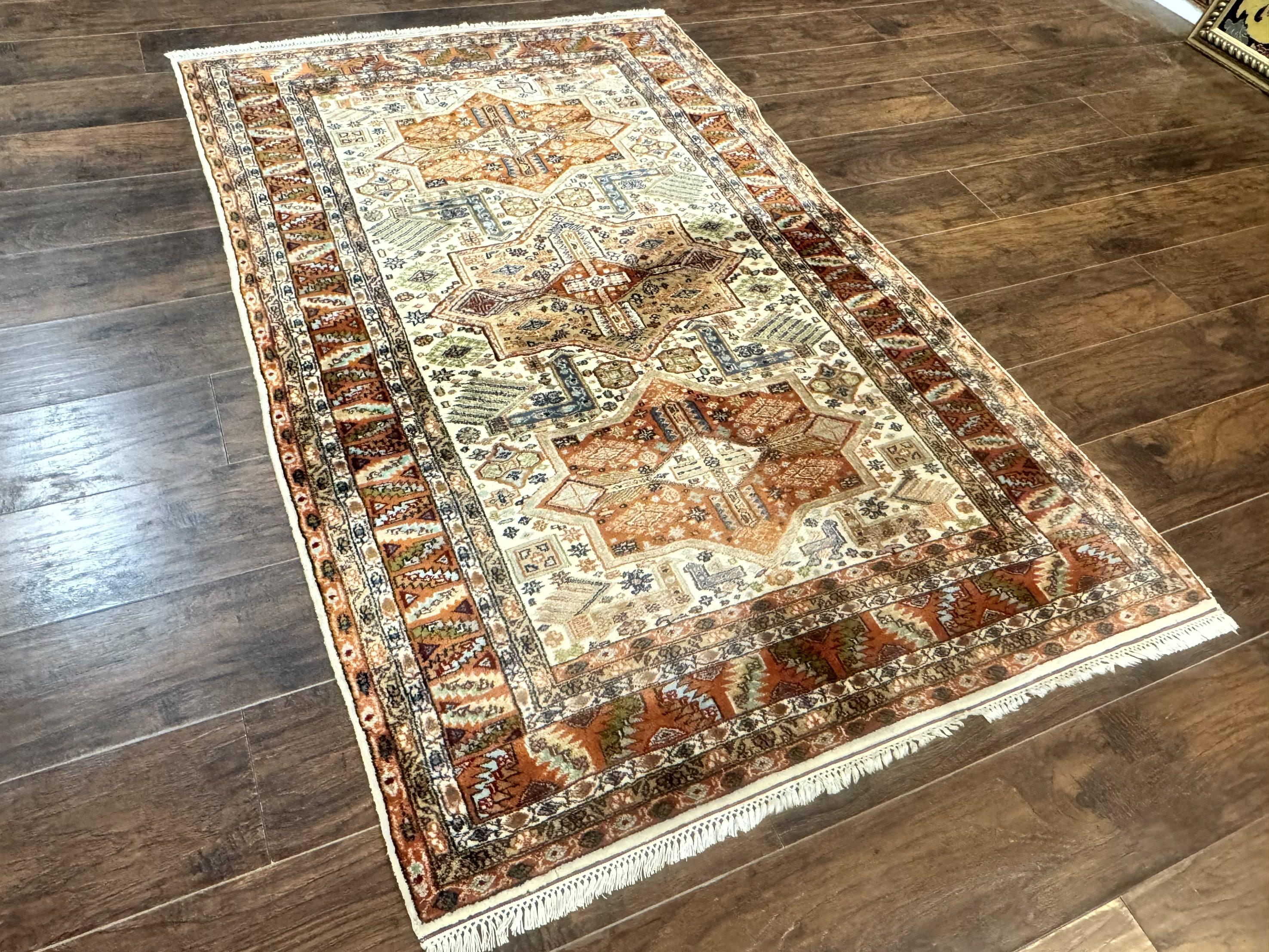 Turkish Kazak Rug 4x6, Geometric Medallions, Vintage Handmade Wool Carpet - Jewel Rugs