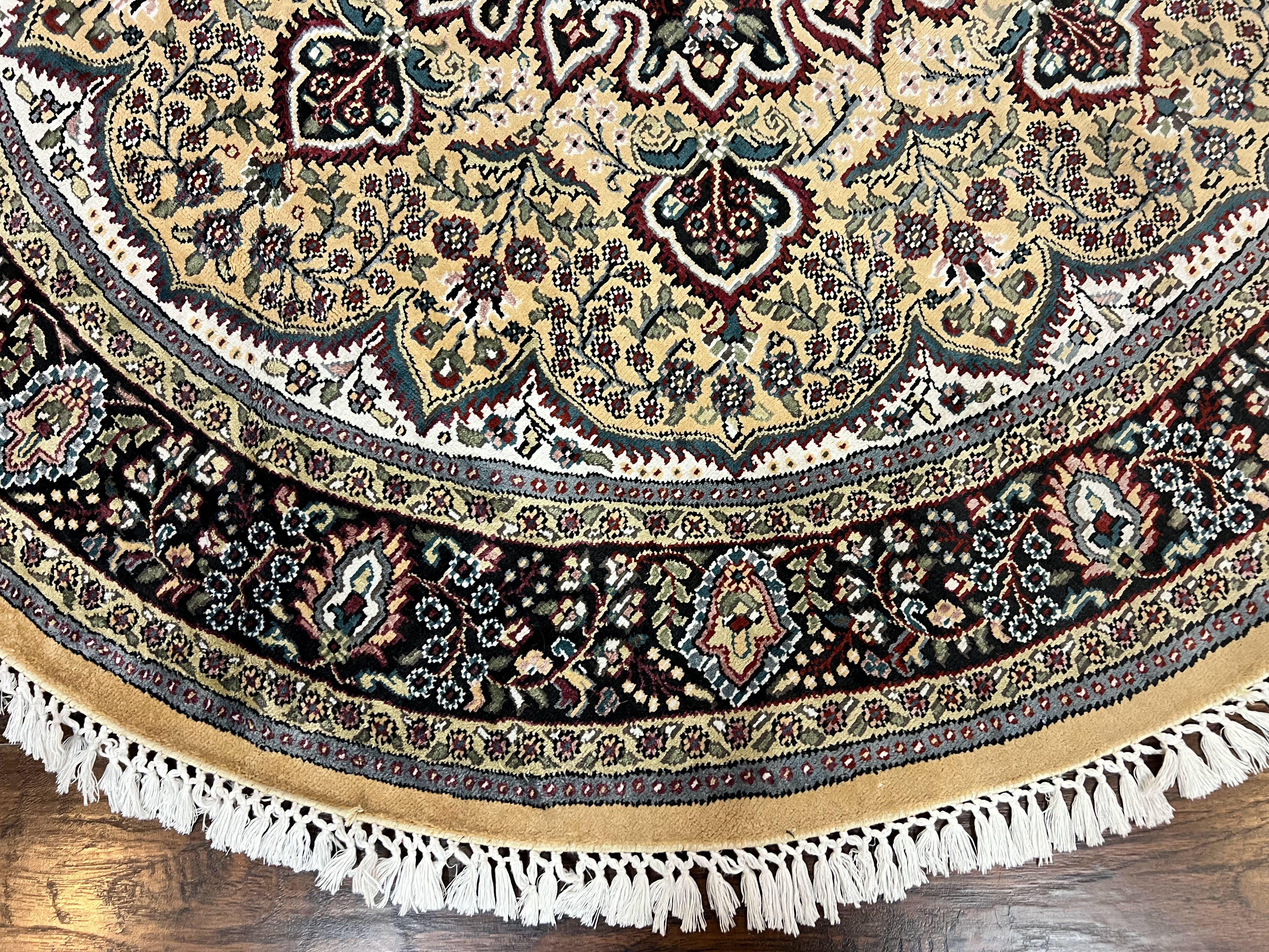 Round Silk Indian Kashmiri Rug 6x6, Hand Knotted Handmade Vintage Oriental Carpet, 6ft Round Rug with Medallion, Cream - Jewel Rugs