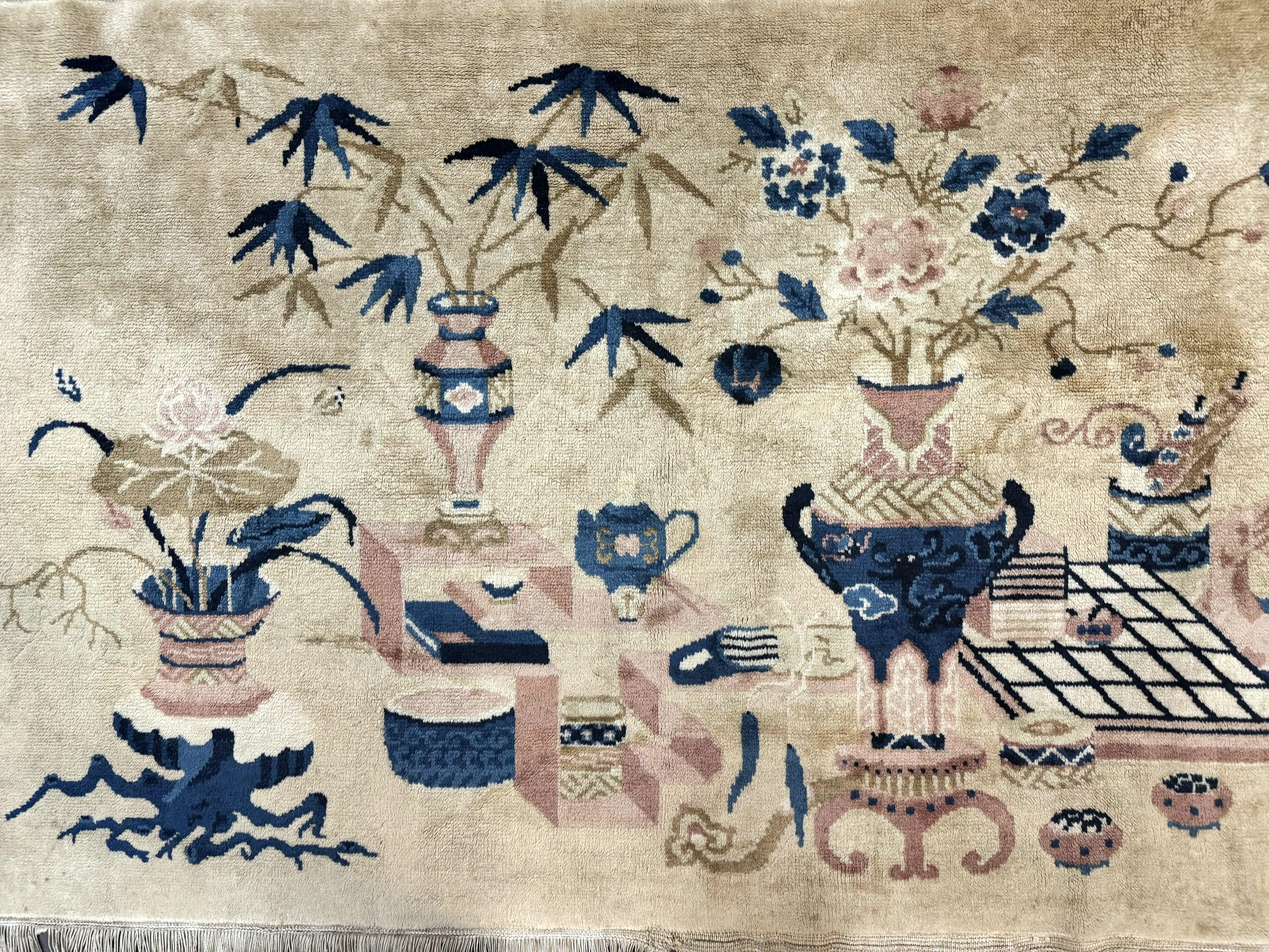 Chinese Rug 5x3, Horizontal Rug, Vases Flowers, Handmade Antique Vintage Carpet, Peking Rug, Chinese Wool Rug - Jewel Rugs