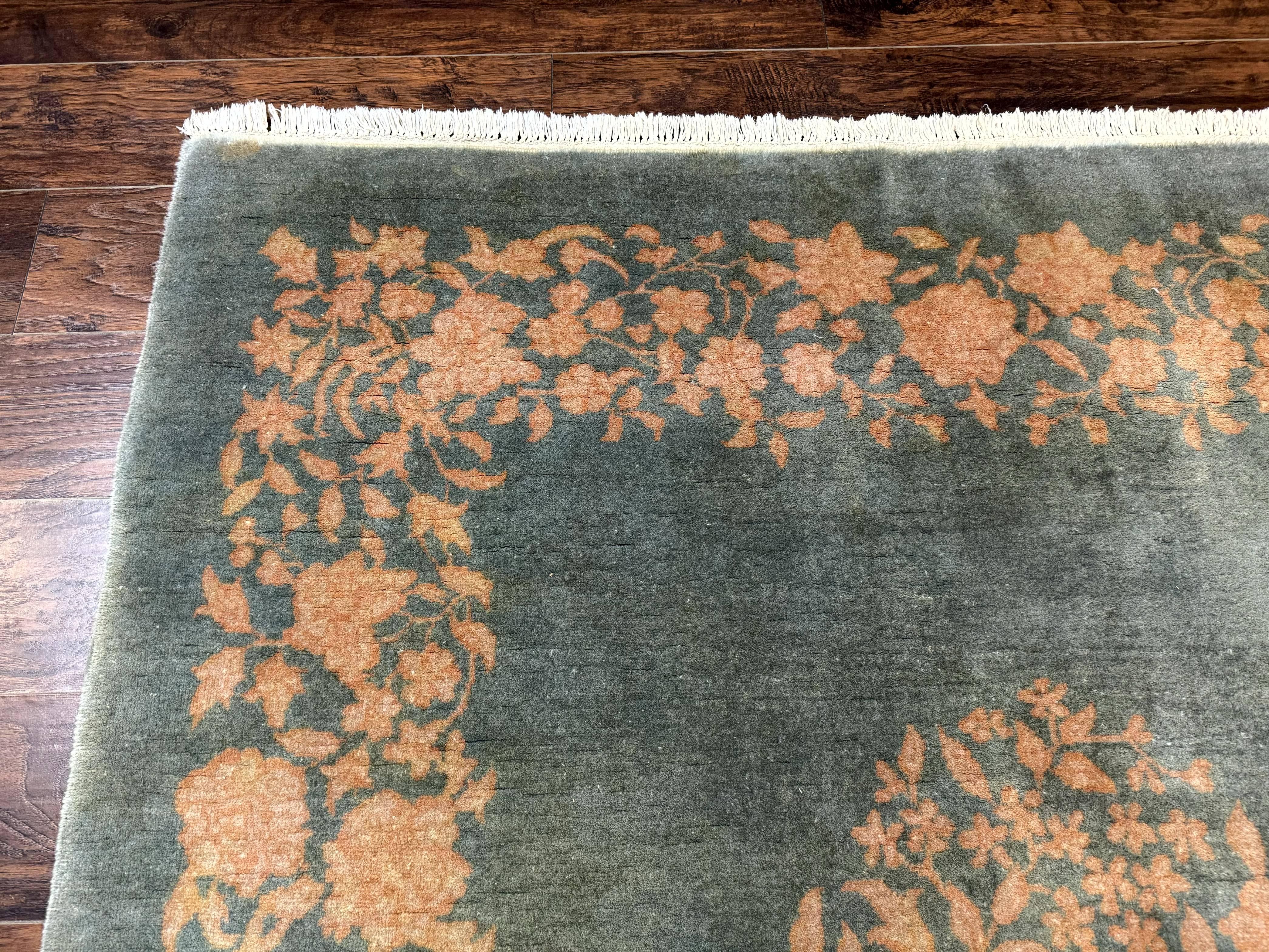Teal Chinese Wool Rug 6x8, Vintage Handmade Carpet, Floral, Semi Open Field - Jewel Rugs