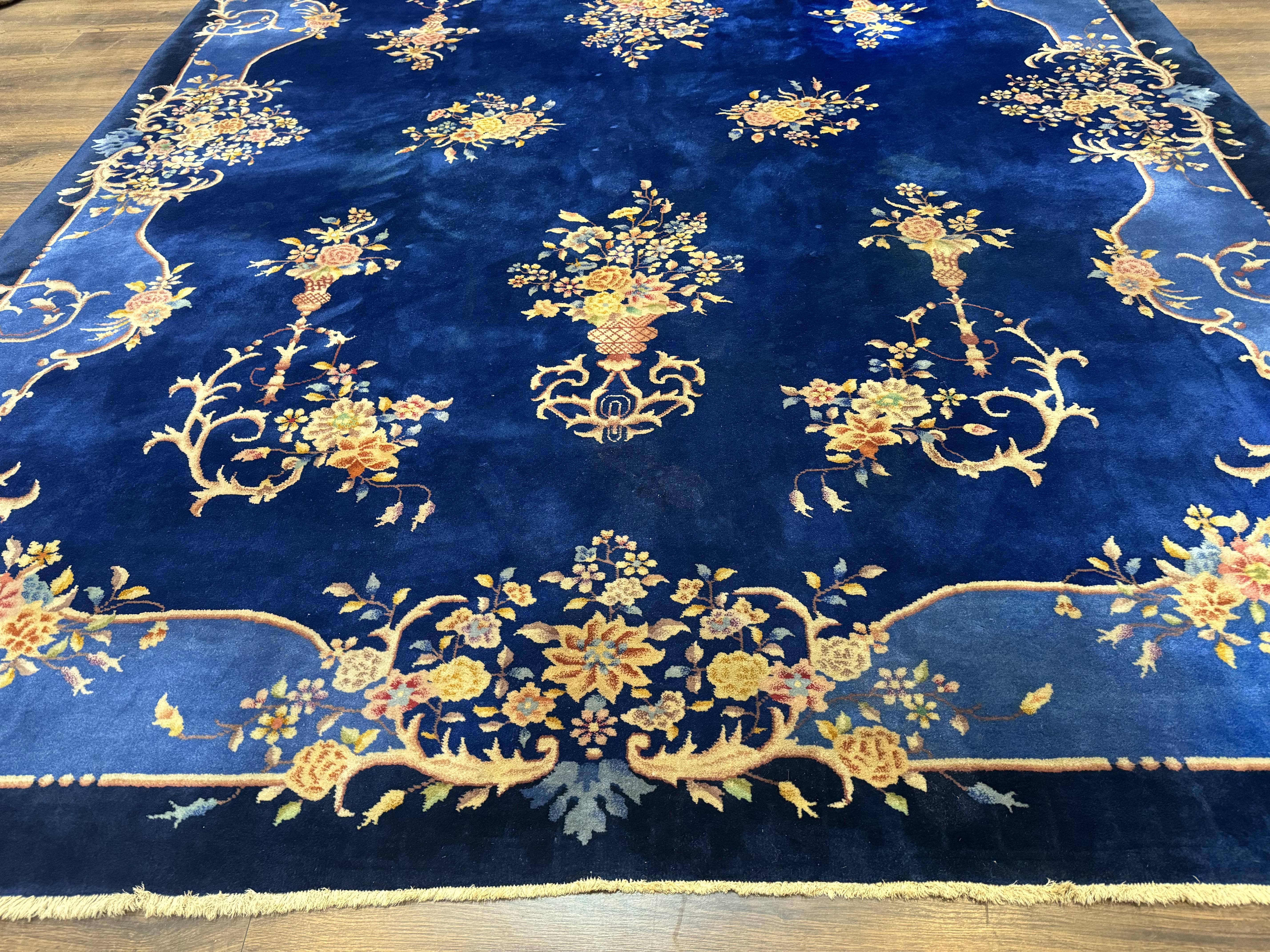 Blue Chinese Art Deco Rug 9x12, Vintage Antique Chinese Wool Rug, Chinese Fette Rug - Jewel Rugs