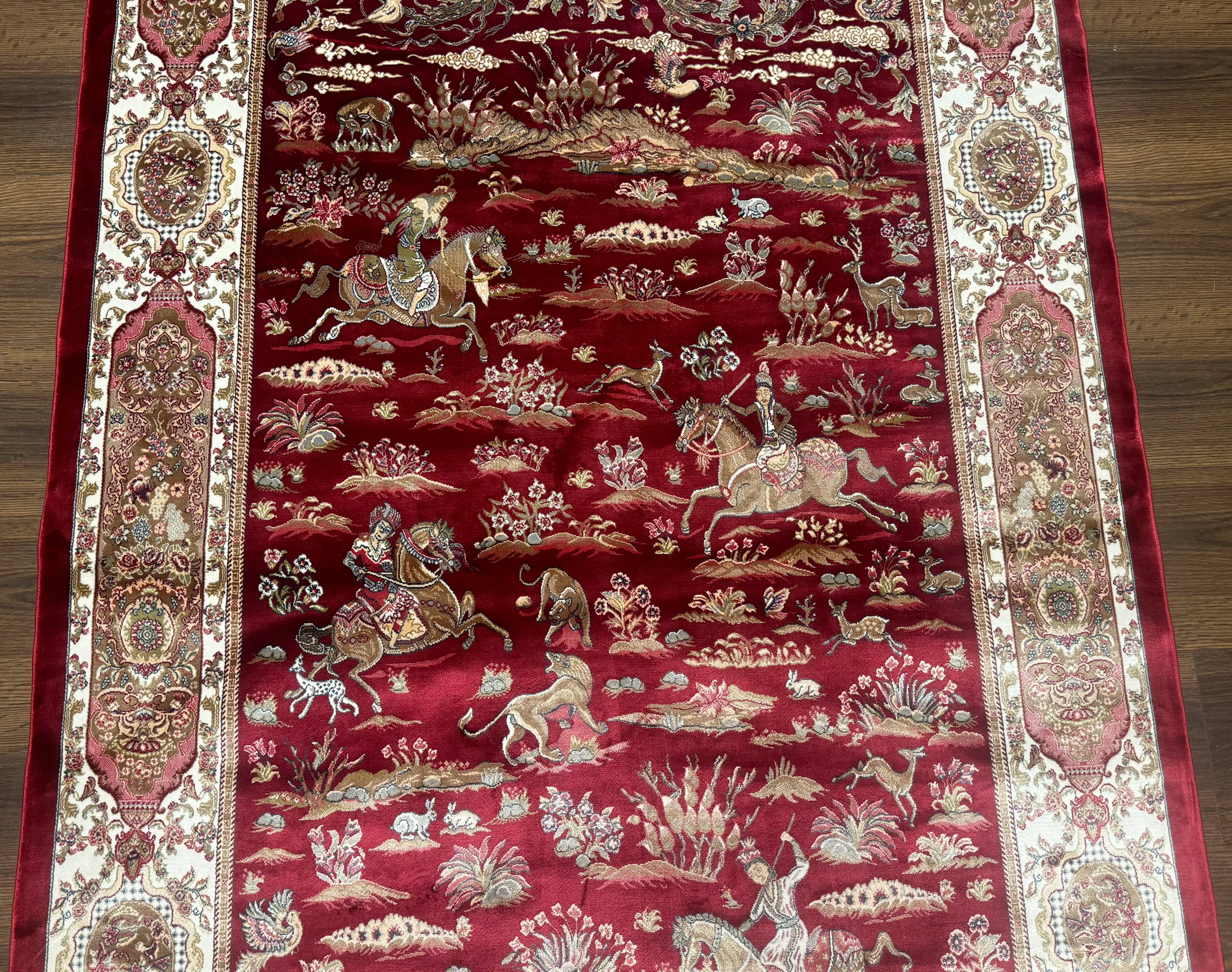 Turkish Silk Hunting Design Rug 4x6, Dark Red & Ivory, Bamboo Silk, New - Jewel Rugs