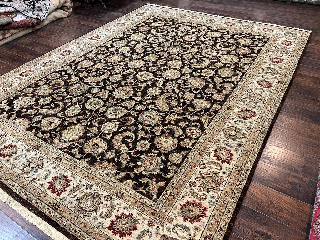 Indo Persian Rug 9x12, Vintage Indian Oriental Carpet 9 x 12 ft, Brown and Cream Hand Knotted Area Rug, Floral Allover Wool Traditional Rug - Jewel Rugs