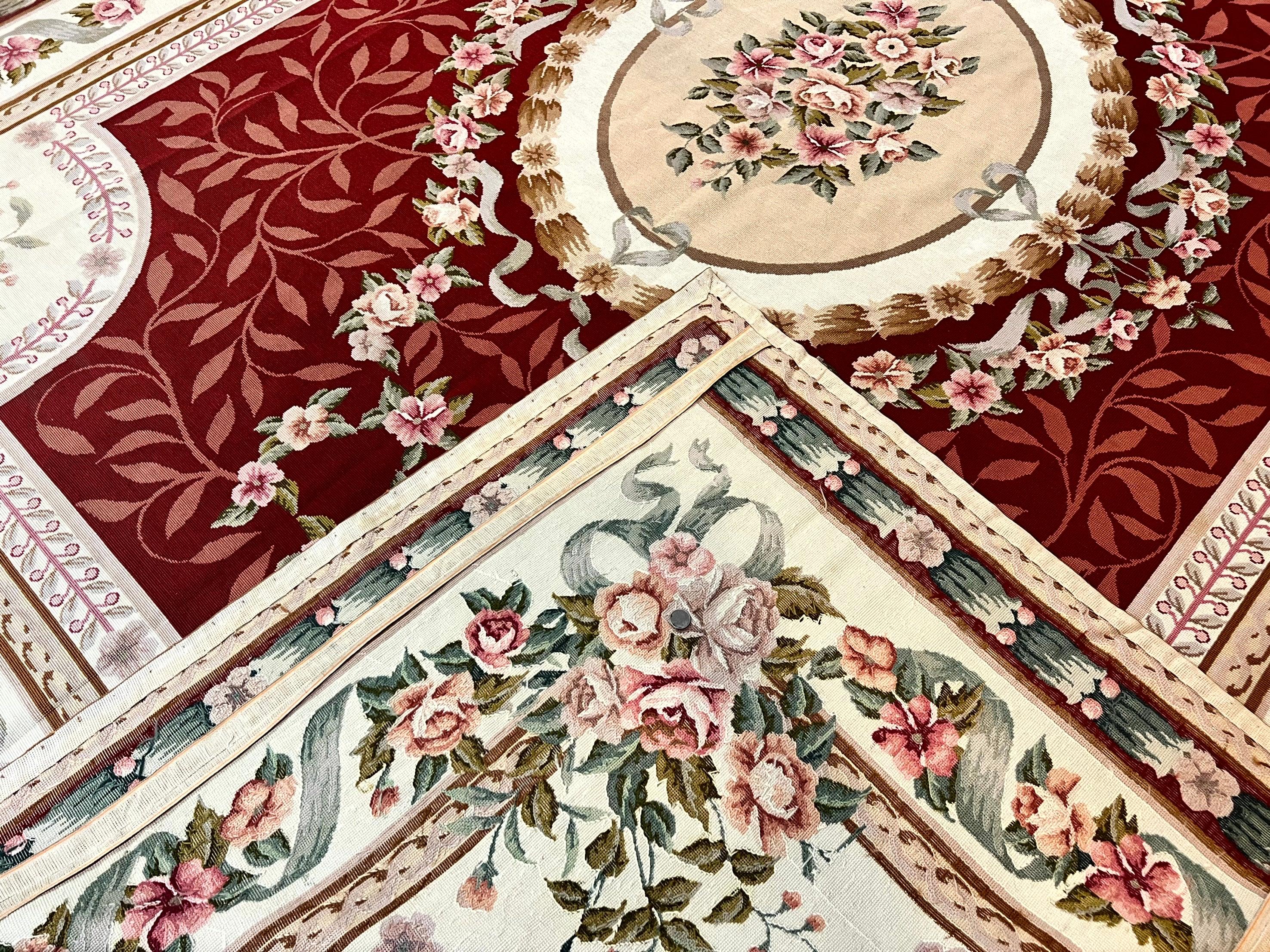 Wonderful Aubusson Rug 9x12, Handmade Vintage Needlepoint Carpet, Red and Ivory, Elegant European Design, Wool - Jewel Rugs