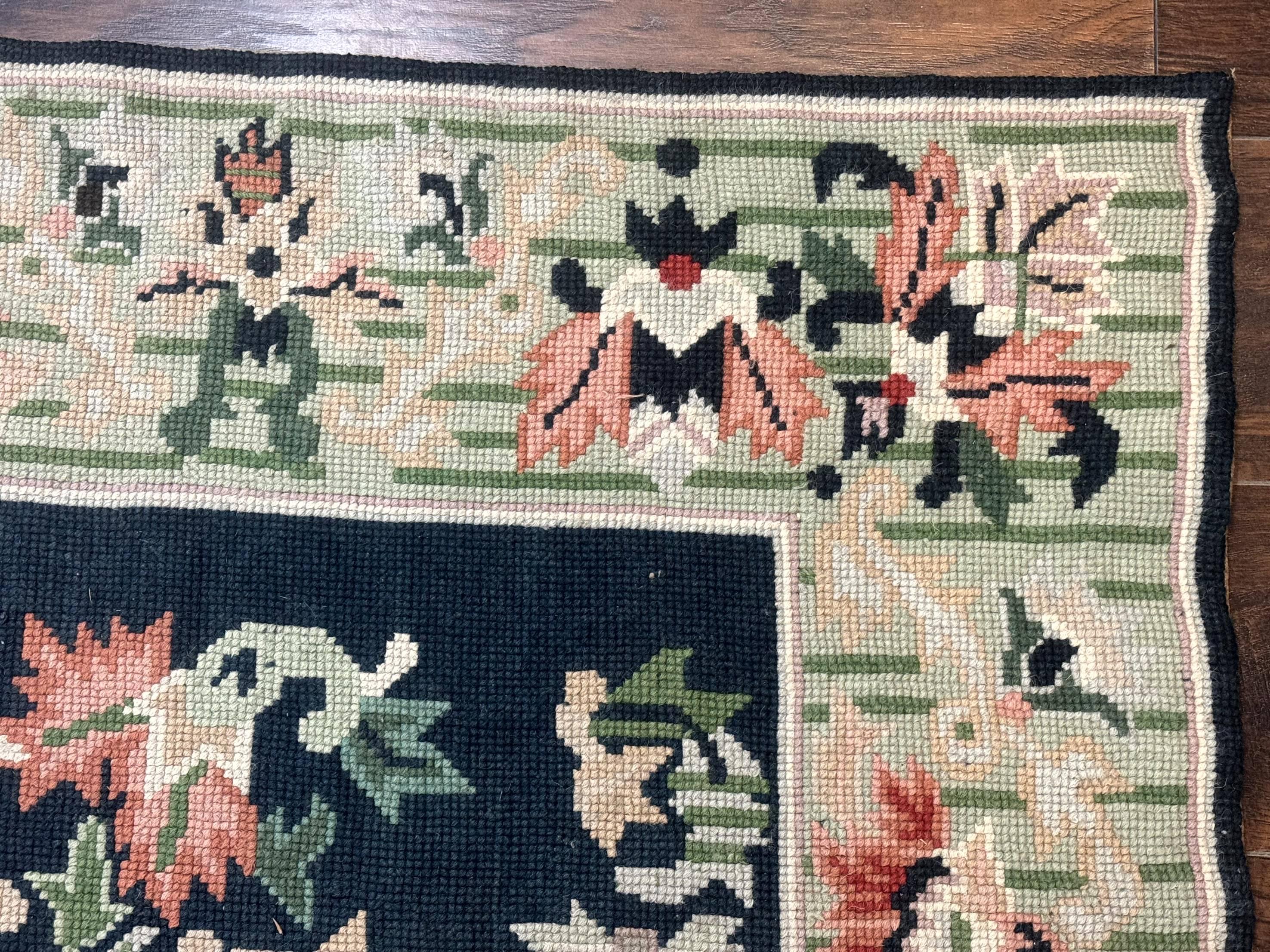 Vintage American Needlepoint Rug 4x6, Dark Green, Wool, Handmade, Flatweave Carpet - Jewel Rugs