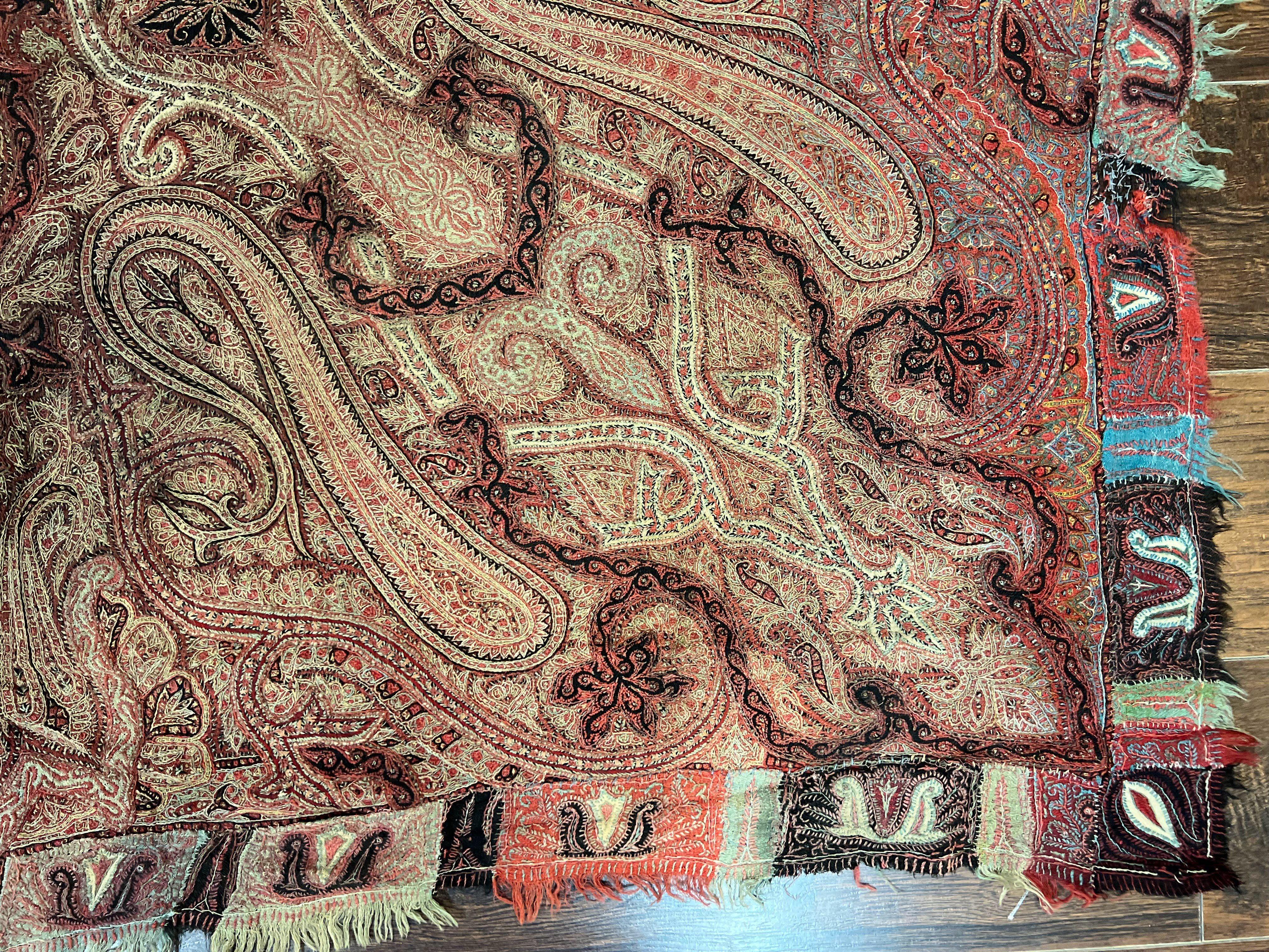 Antique Indian Kashmiri Shawl, Needlework, Signed By Masterweaver, Handmade, Rare - Jewel Rugs