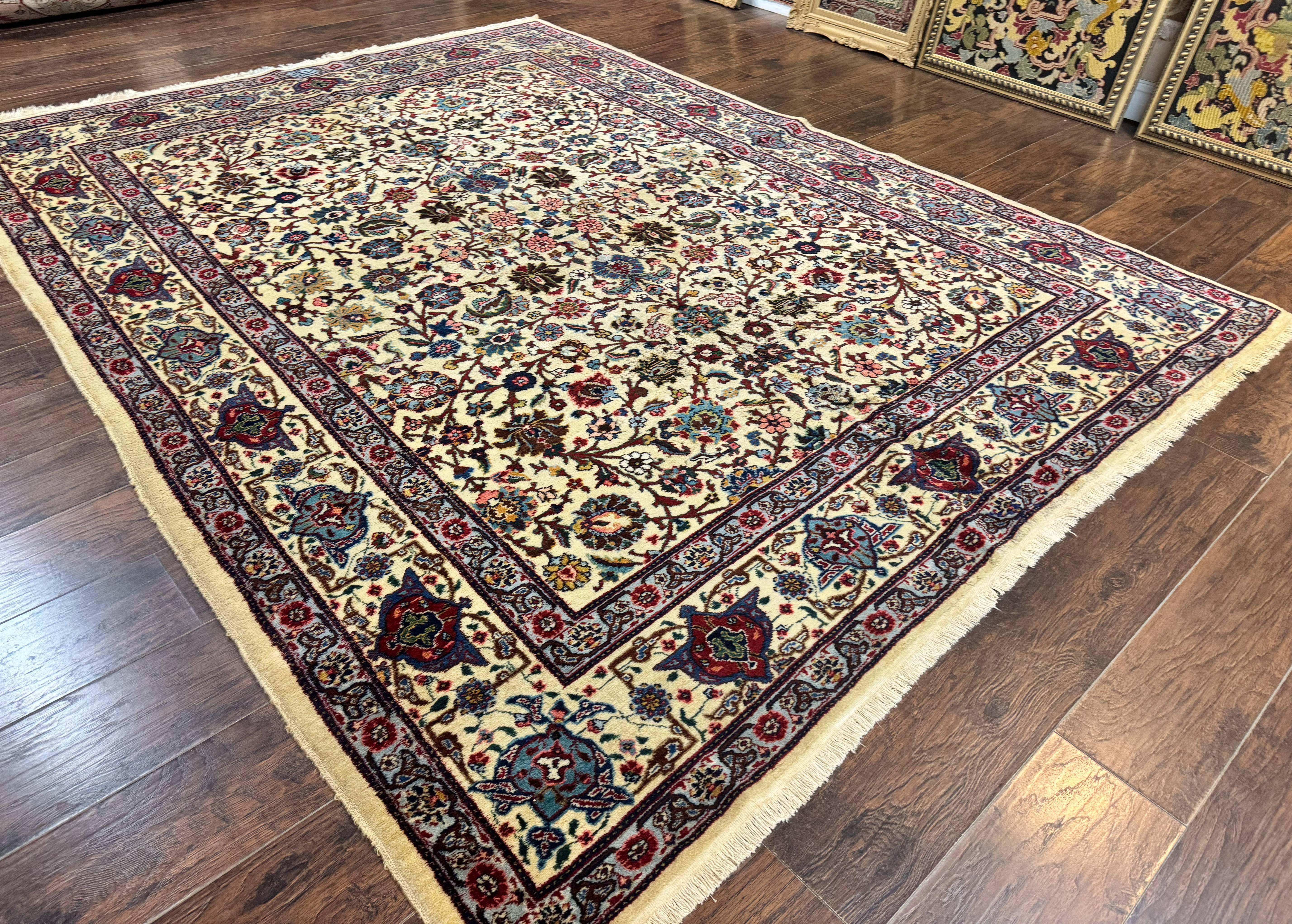 Antique Persian Tabriz Rug 8x10, Cream and Light Blue, Floral Allover, Signed, Handmade Wool Rug - Jewel Rugs