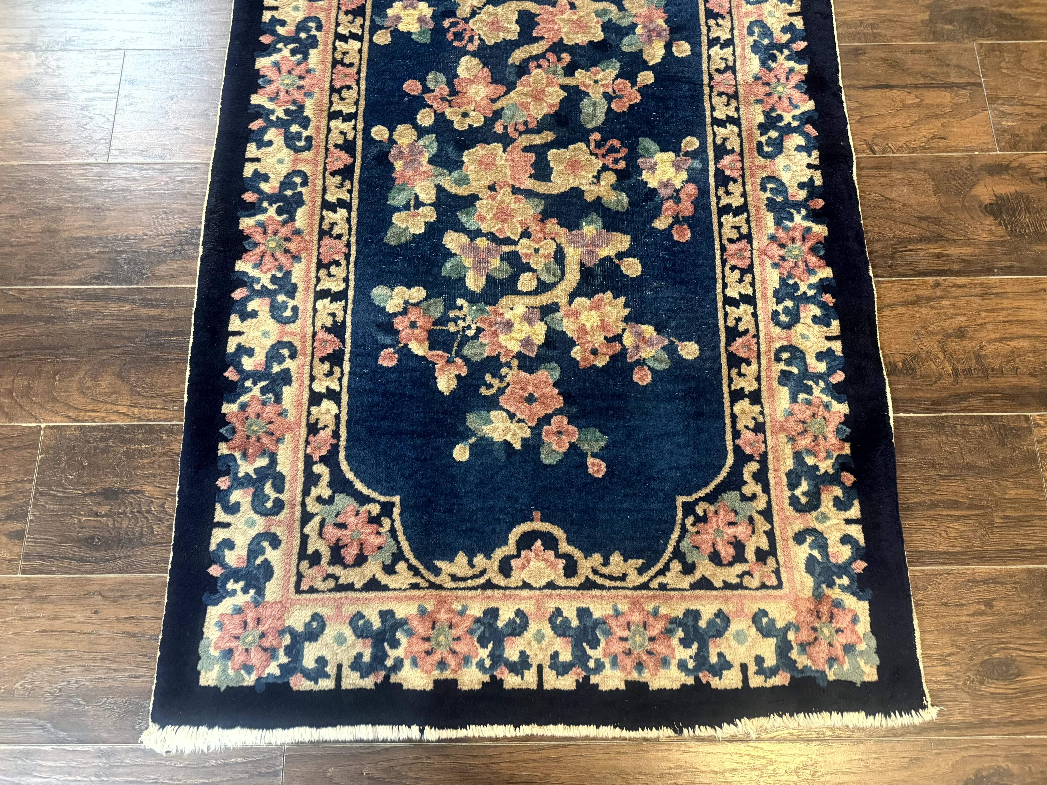 Blue and Beige Chinese Wool Rug 3x6, Chinese Fete Rug, Peking Rug, Antique Chinese Carpet - Jewel Rugs