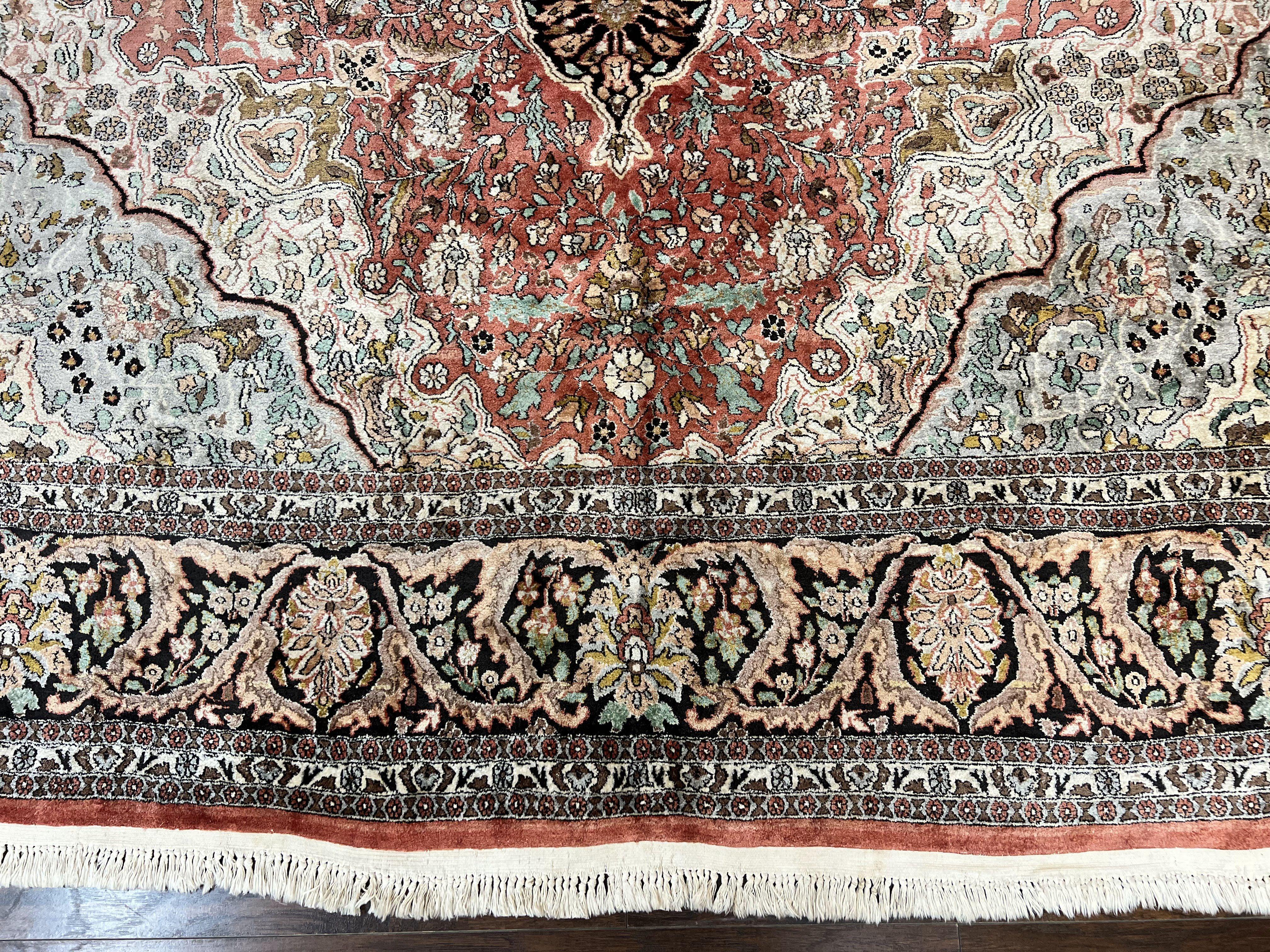 Silk Indian Kashmir Rug 10x14, Room Sized Silk Oriental Carpet, Indo Persian Kashmiri Rug, Traditional Floral Medallion Handmade Rug - Jewel Rugs