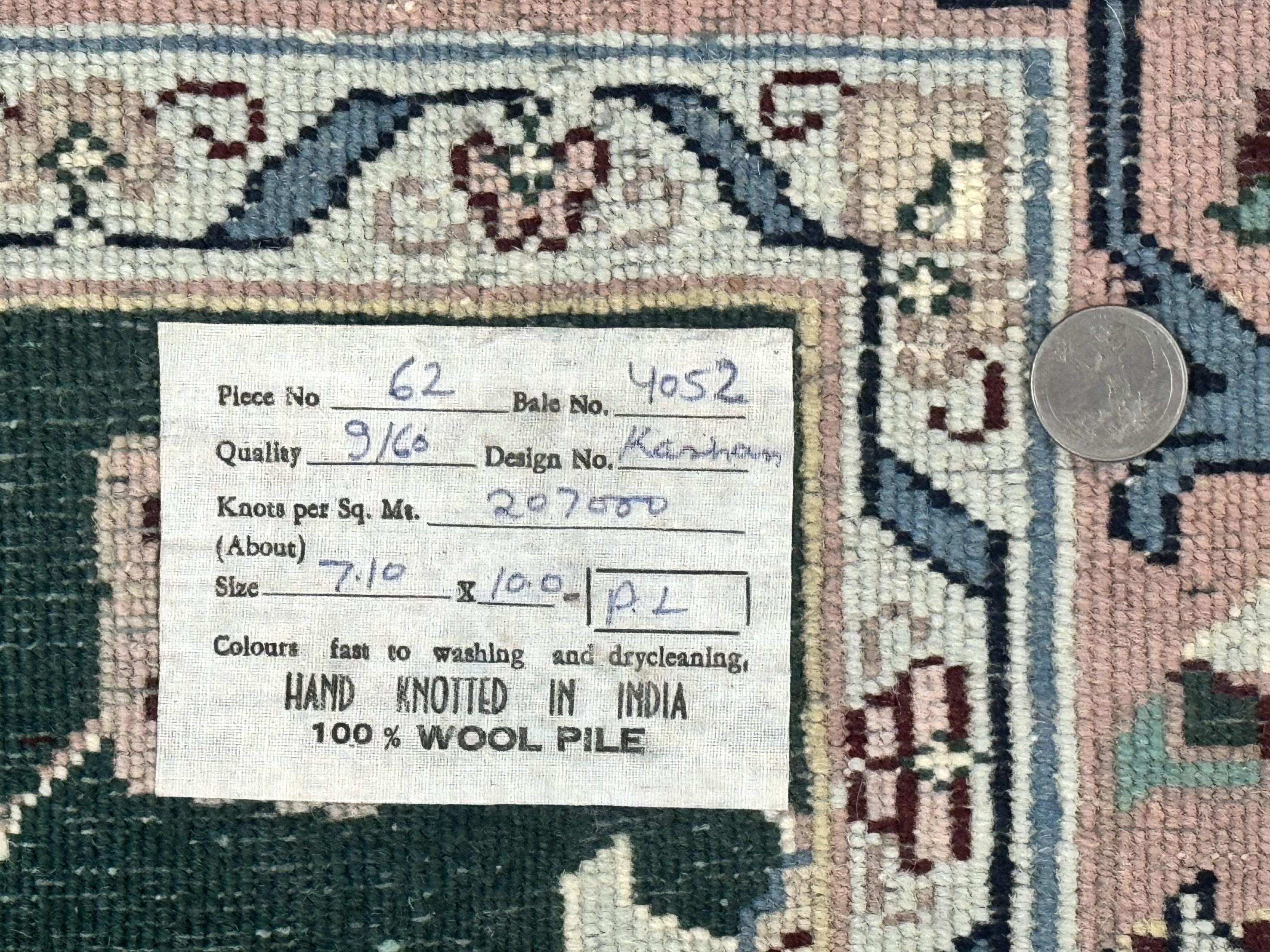 Indo Persian Rug 8x10, Dark Green and Ivory, Floral, Handmade Vintage Wool Carpet - Jewel Rugs