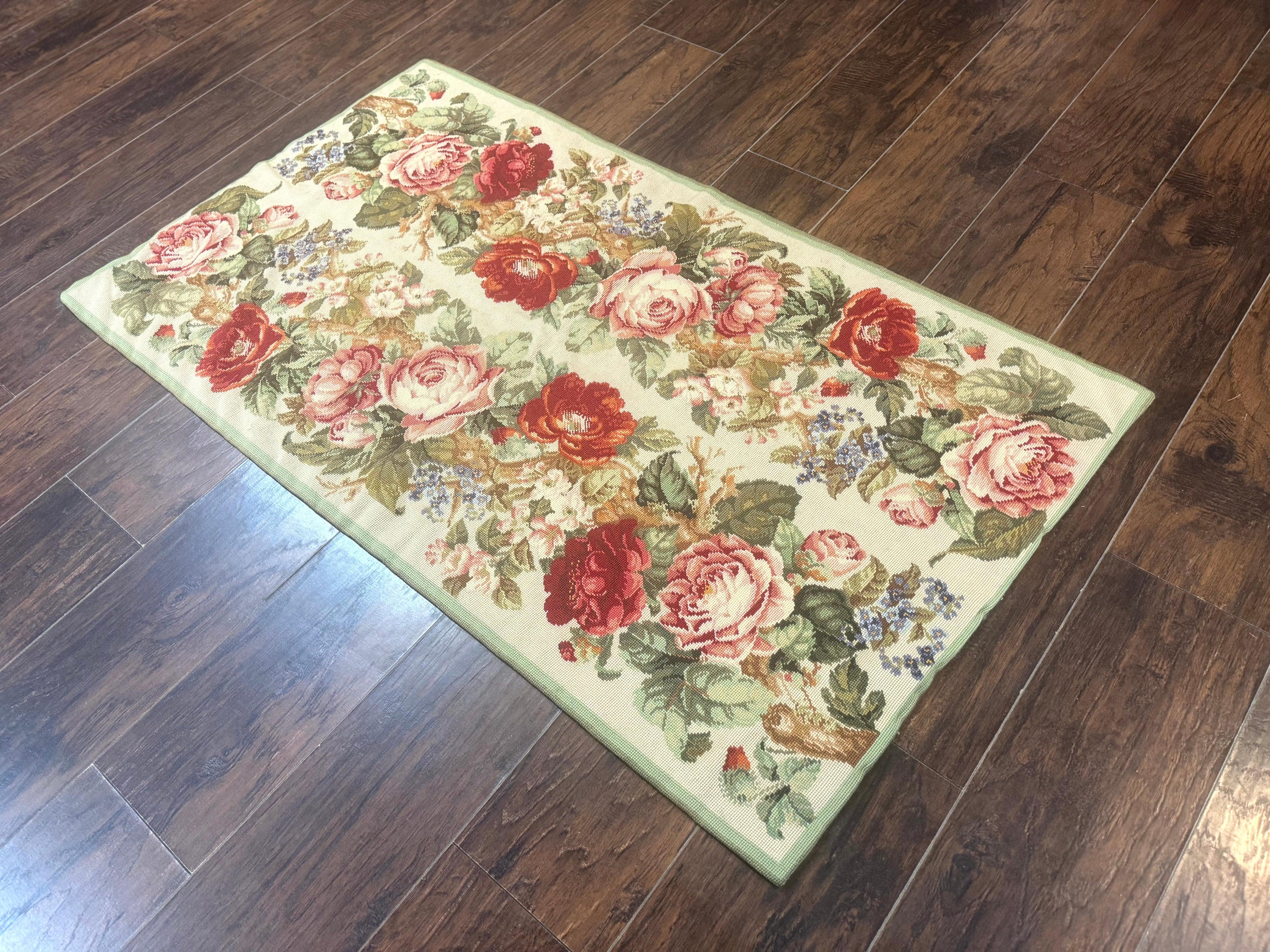 Small Needlepoint Rug 2.8 x 4.7, Floral, Vintage - Jewel Rugs