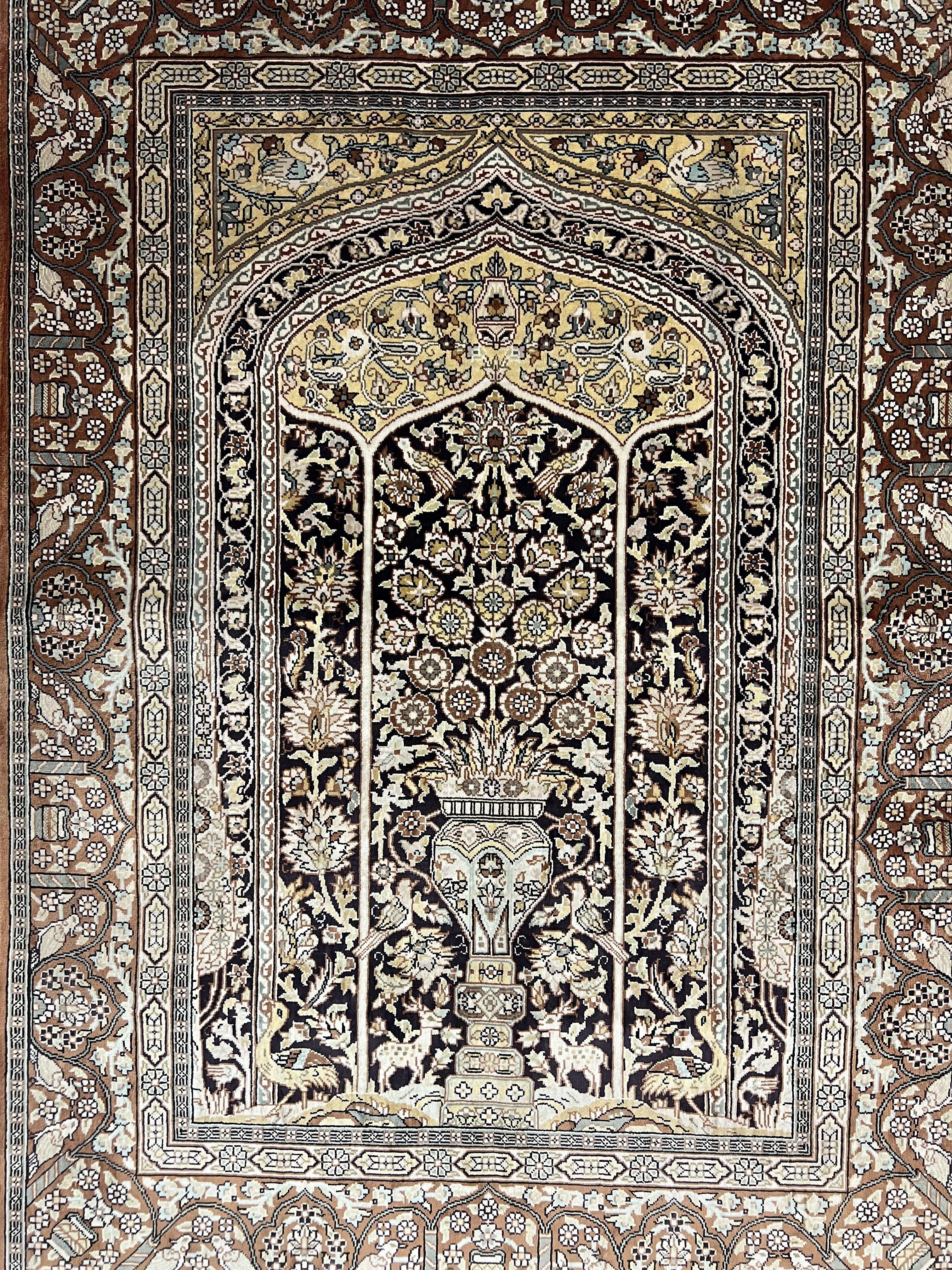 Turkish Silk Hereke Rug 2x3, Floral Vase Tree of Life Birds, Silk Pile on Silk Foundation, Vintage Oriental Carpet, Very Fine, Signature - Jewel Rugs