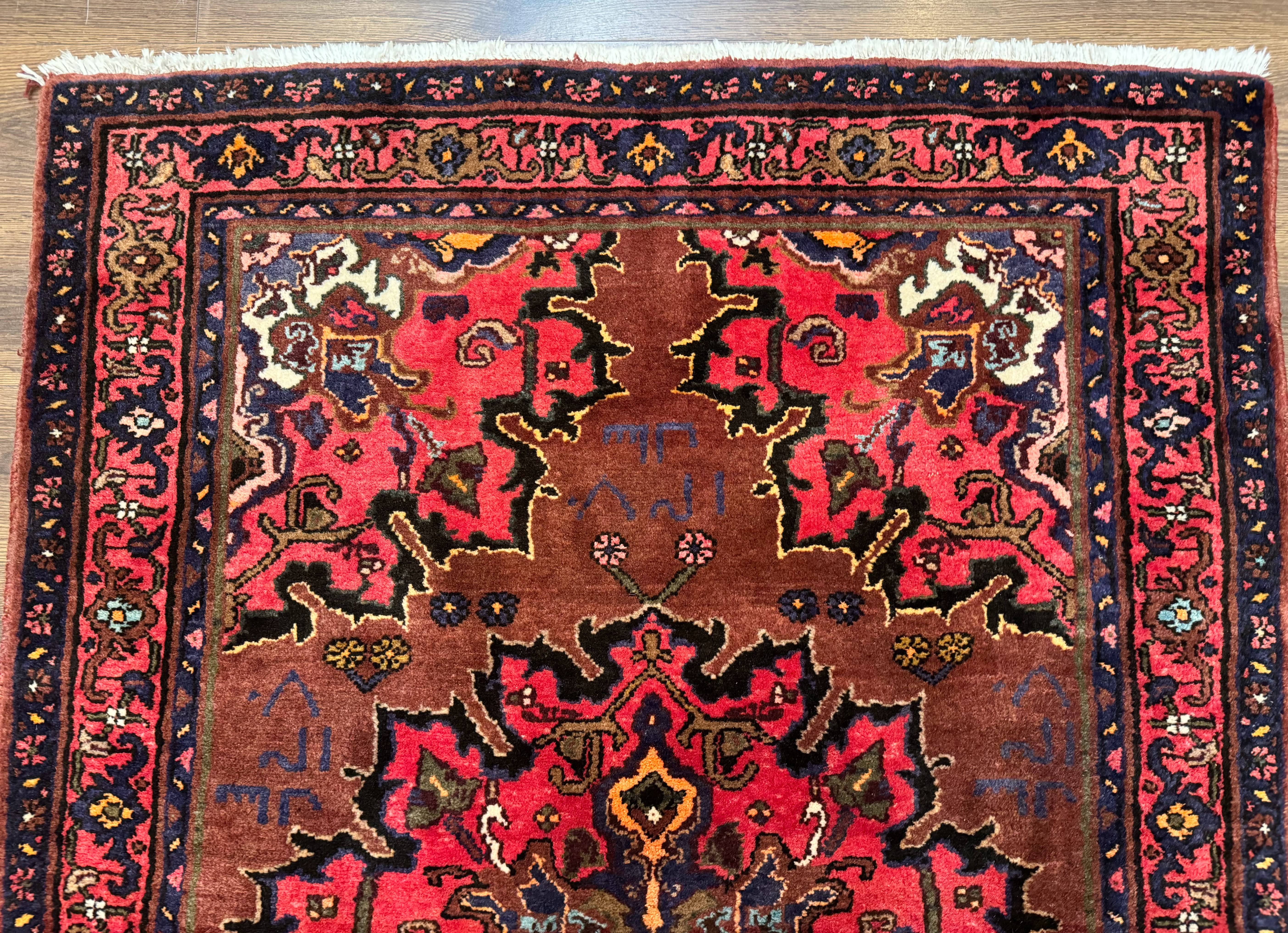 Persian Hamadan Rug 4x7, Red Pink Navy Blue, Vintage, Large Medallion, Village Tribal Carpet - Jewel Rugs