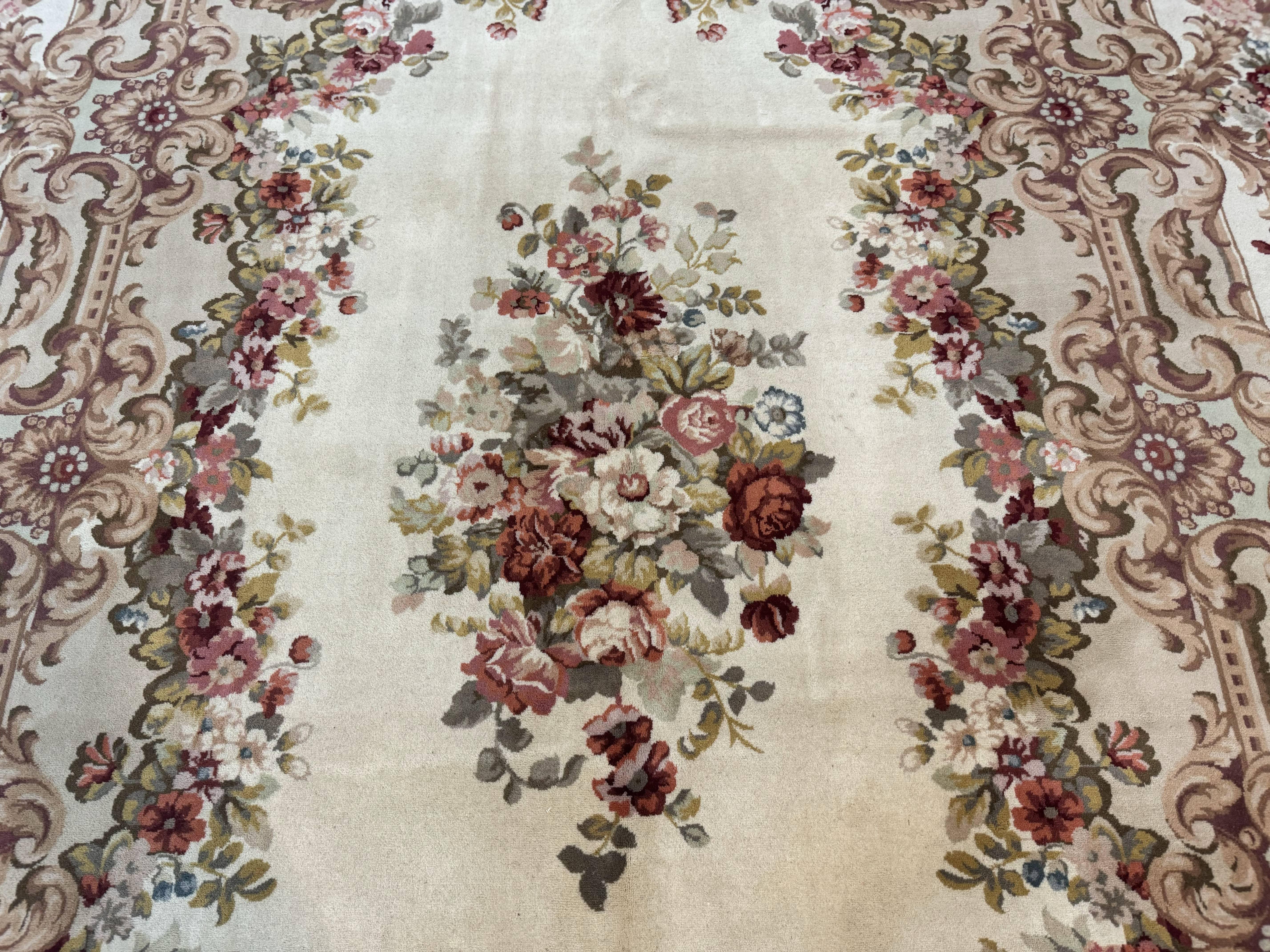 Aubusson Rug 8x12, European French Savonnerie Design, Thick Wool Pile, Elegant Rug, Cream Beige Light Green - Jewel Rugs