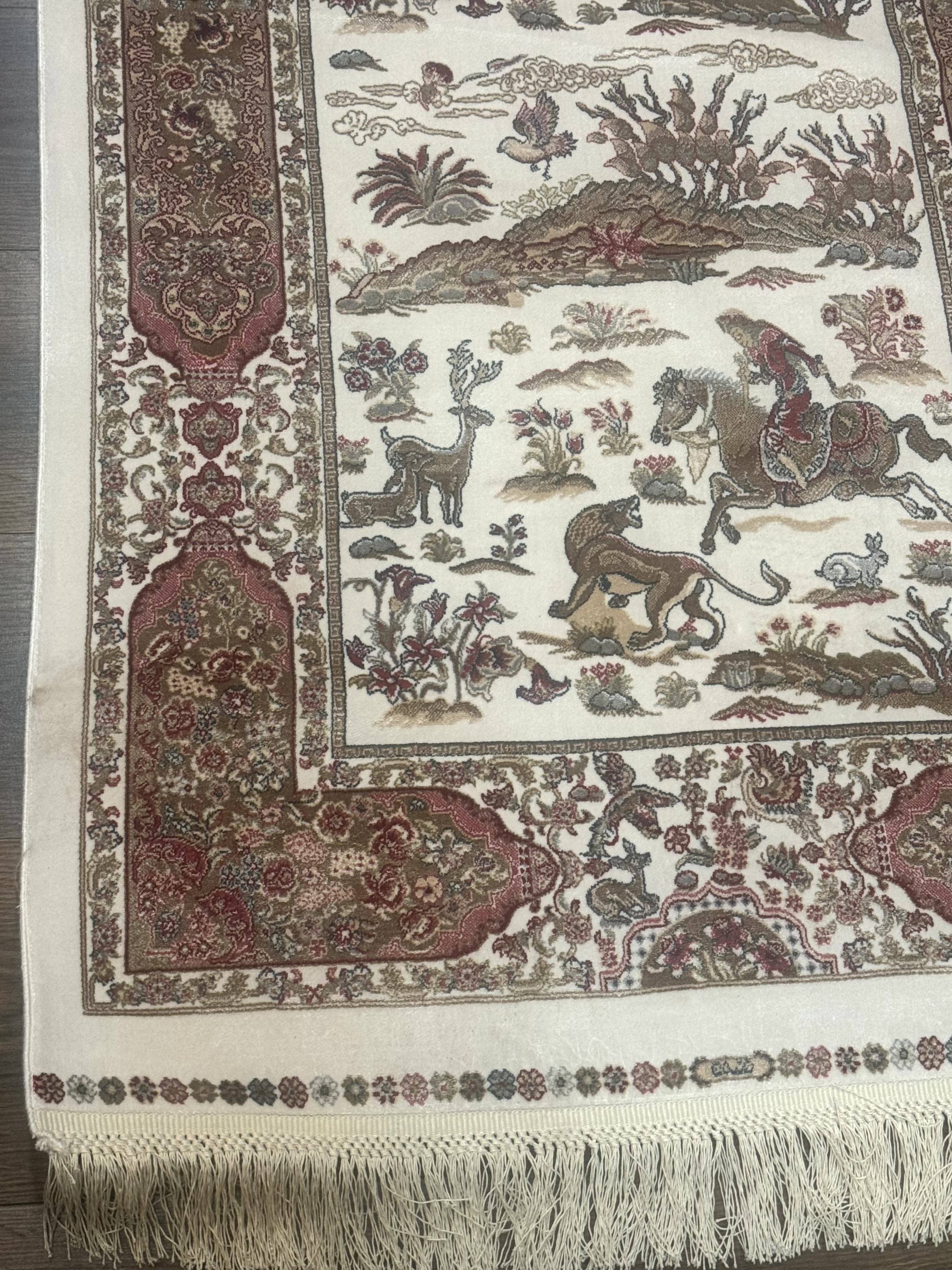 Long Turkish Silk Runner Rug 2.6 x 16.5, Hunting Design, Ivory, Bamboo Silk, New - Jewel Rugs