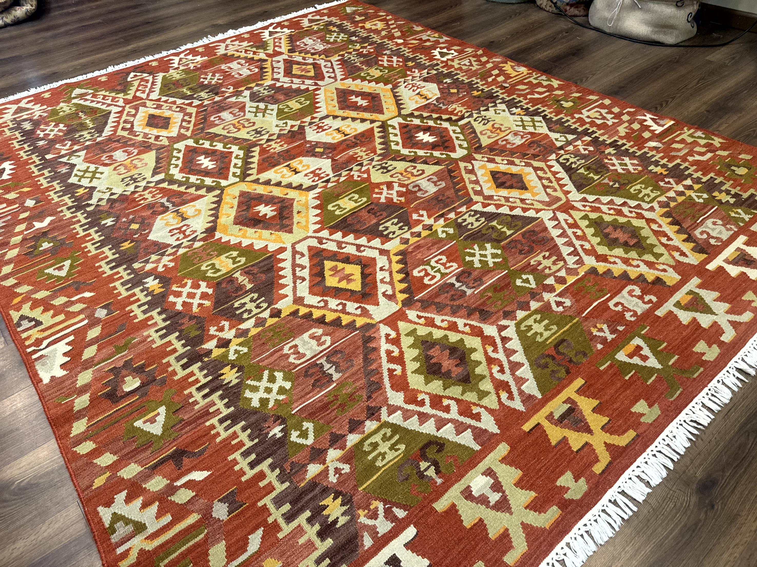 Turkish Kilim Rug 8x10, Geometric Design, Large Kilim Carpet - Jewel Rugs