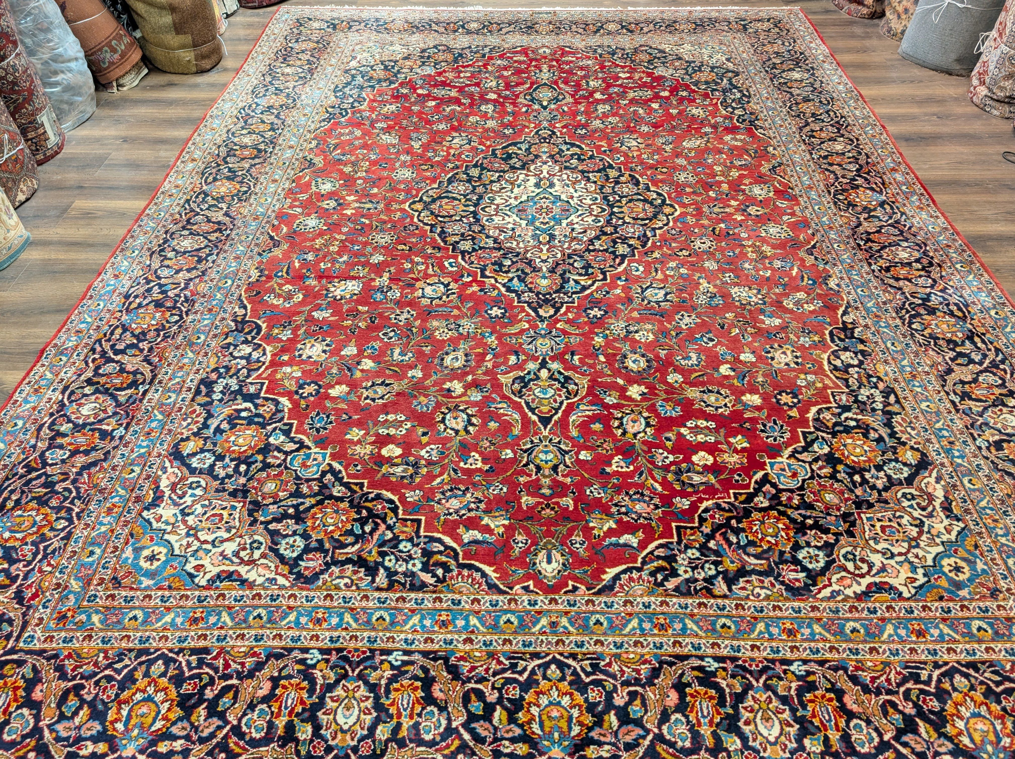 Persian Kashan Rug 10x14, Red and Navy, Hand Knotted Wool Traditional Persian Carpet, Signed By Master Weaver - Jewel Rugs