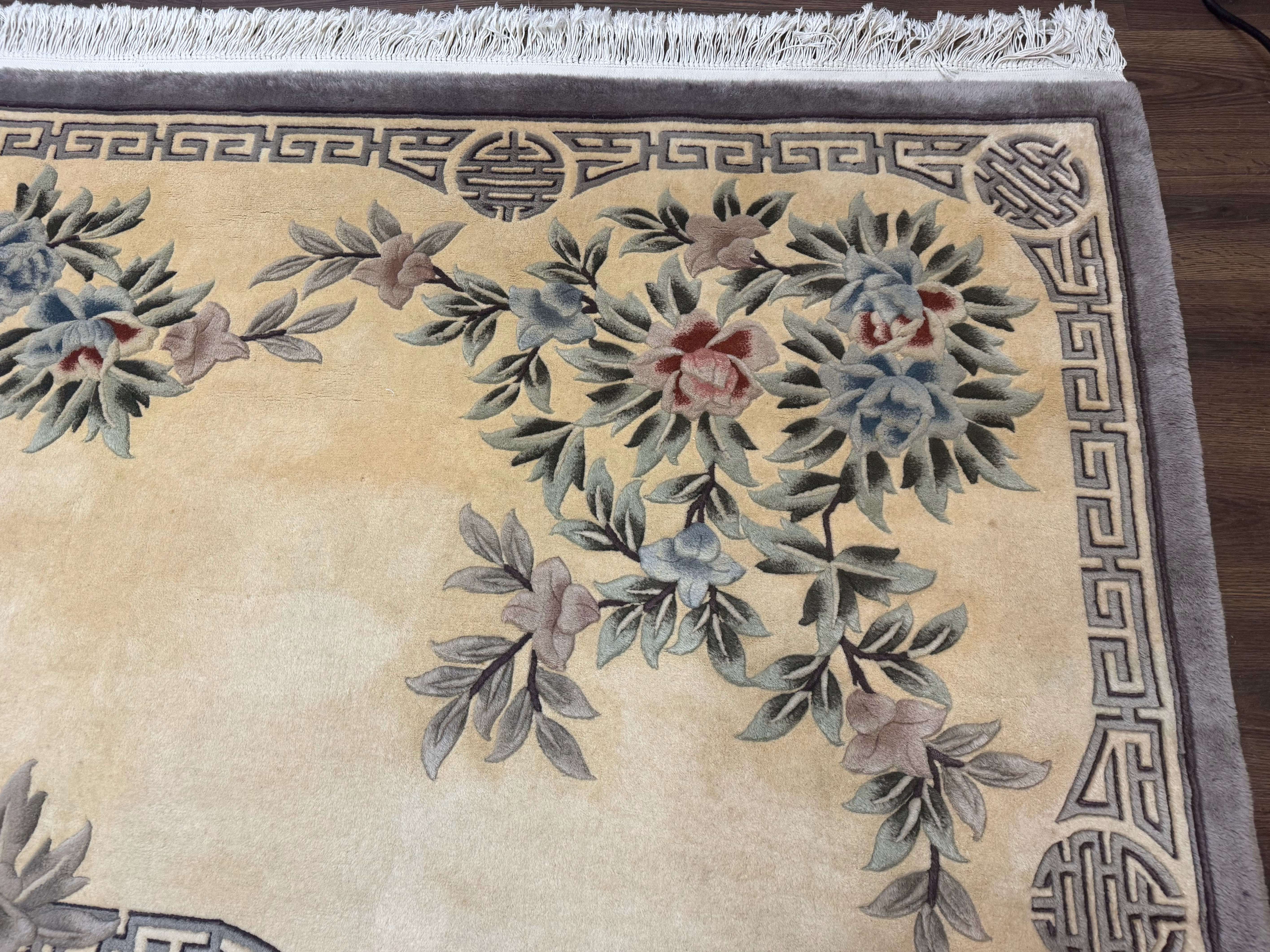 Chinese Wool Rug 9x12, Carving 90 Line Carpet, Floral, Cream and Green - Jewel Rugs