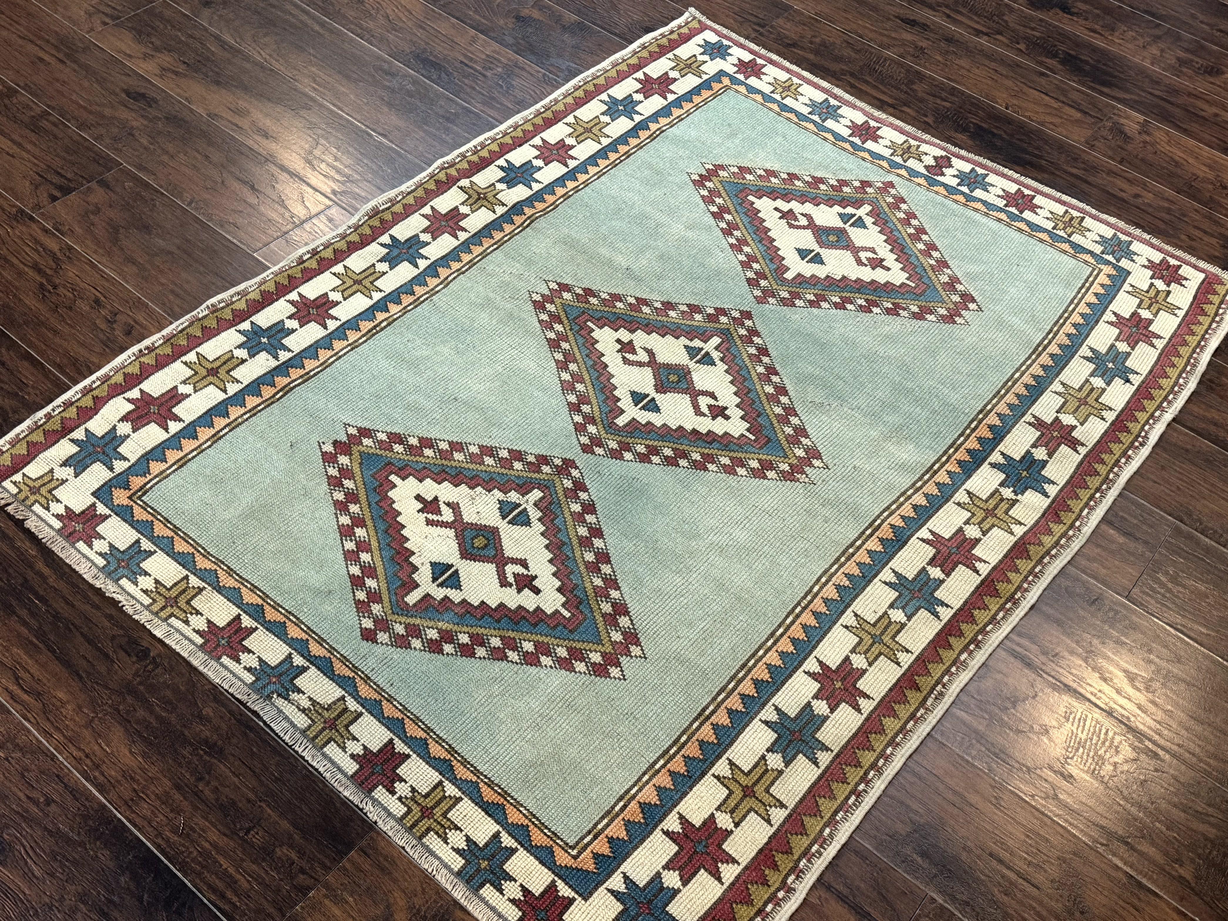 Turkish Kazak Rug 4x6, Geometric Medallion, Caucasian Design Rug, Semi Antique Vintage, Mint Green Maroon Ivory - Jewel Rugs