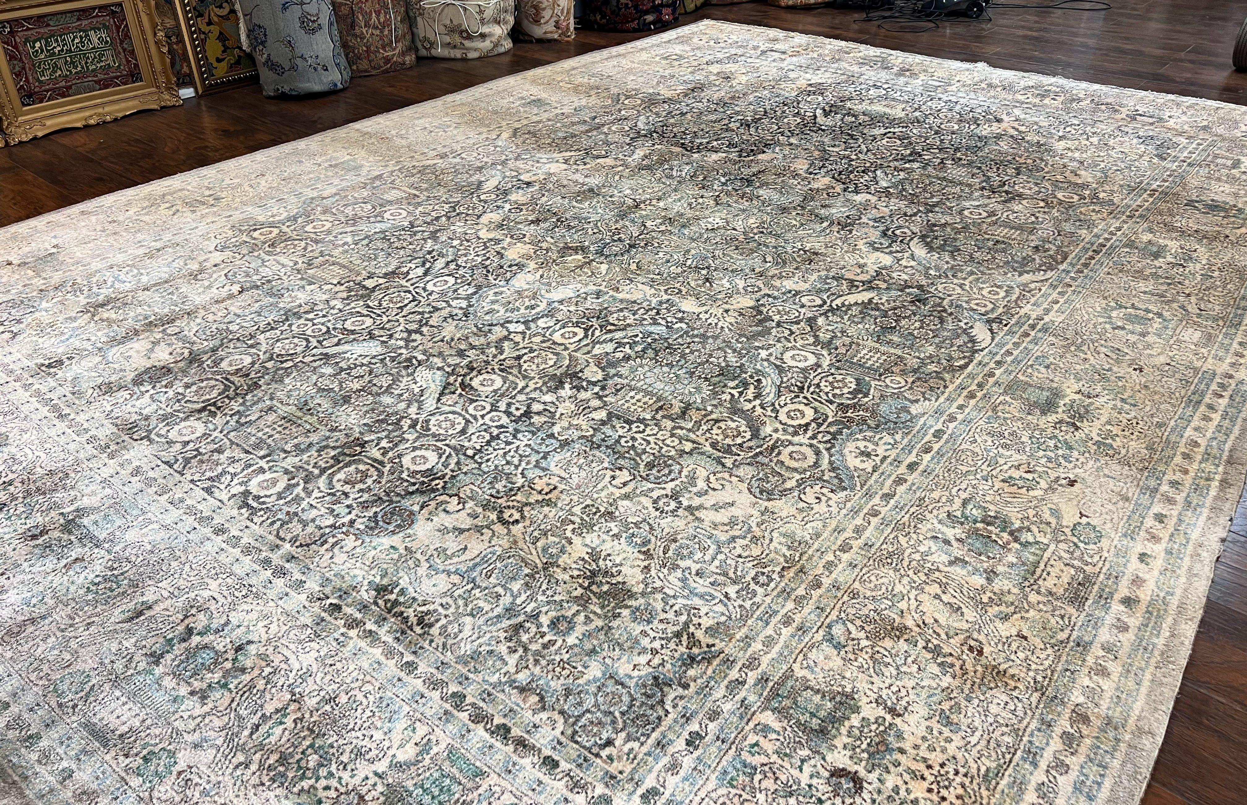 Silk Pak Persian Rug 10x14, Large Fine Silk Carpet 300 KPSI, Dark Gray, Handmade Vintage Rug, Floral, Bird Motifs - Jewel Rugs