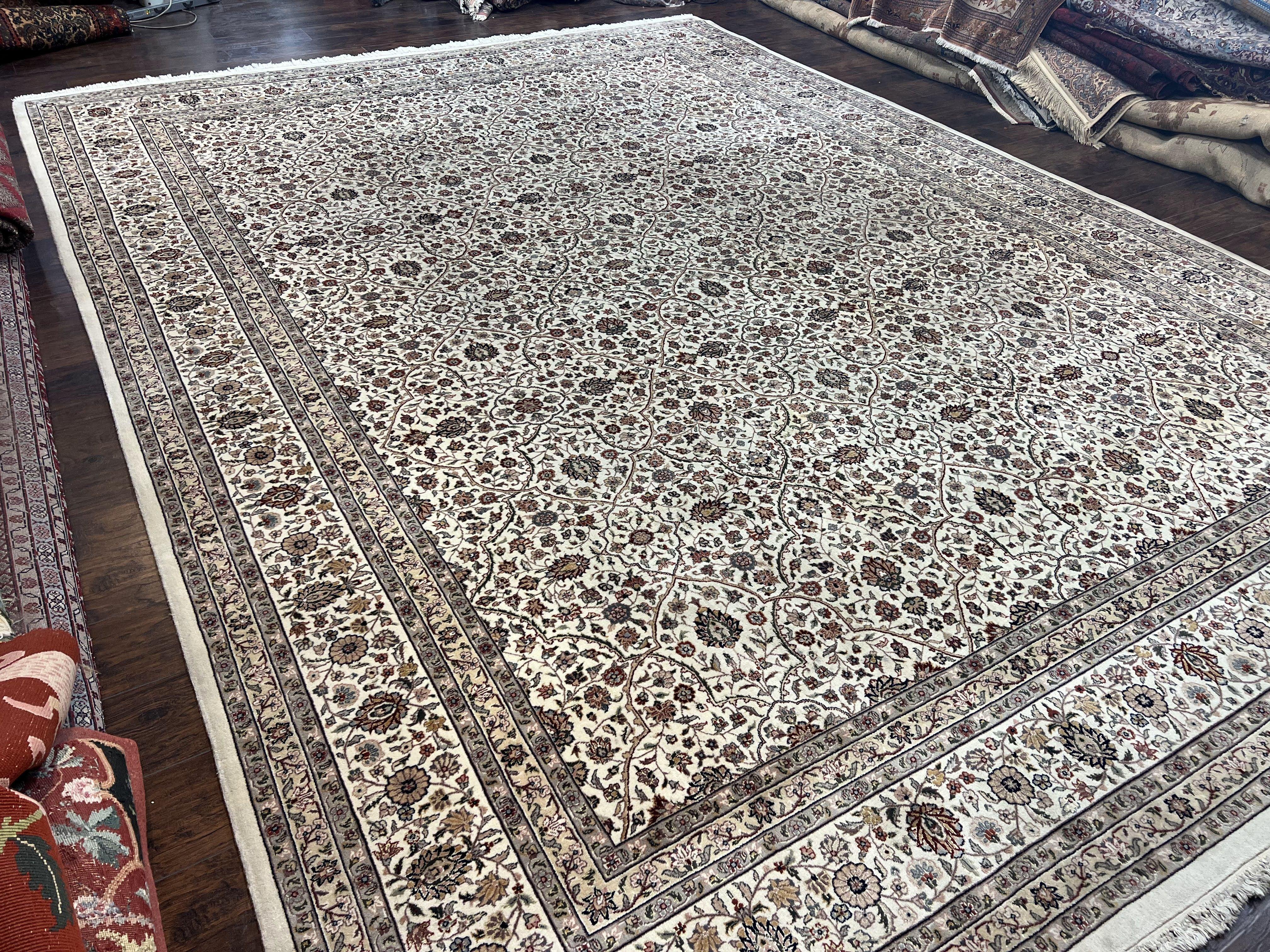 Large Pak Persian Rug 11x15, Oversized Oriental Carpet, Palace Size 11 x 15 ft, Floral Allover, Ivory Taupe, Handmade Wool Vintage Area Rug - Jewel Rugs