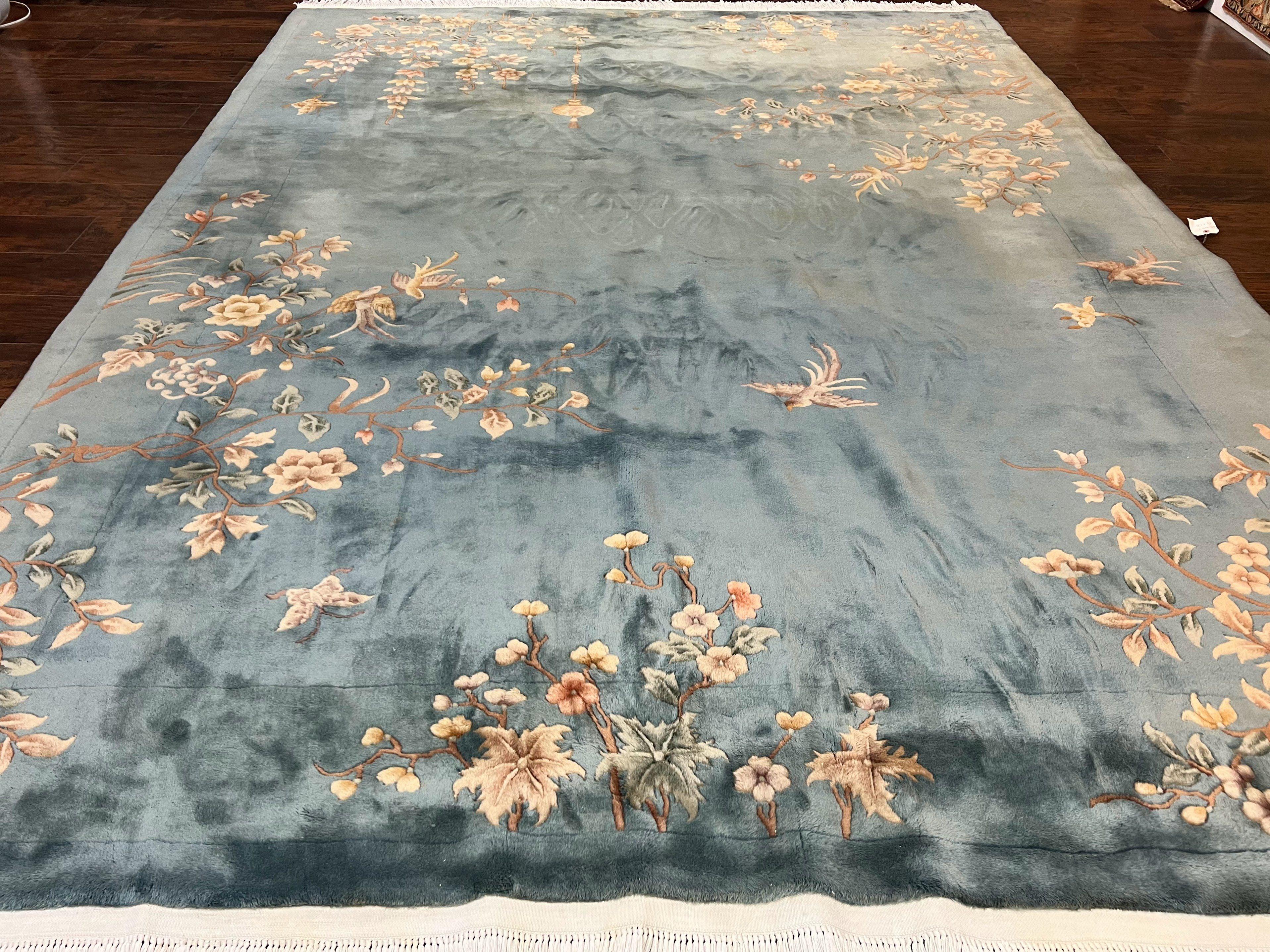 Chinese Wool Rug 9x12, Art Deco Carpet 9 x 12, Wool Handmade Vintage 90 Line Carving Rug, Floral Simple Design - Jewel Rugs