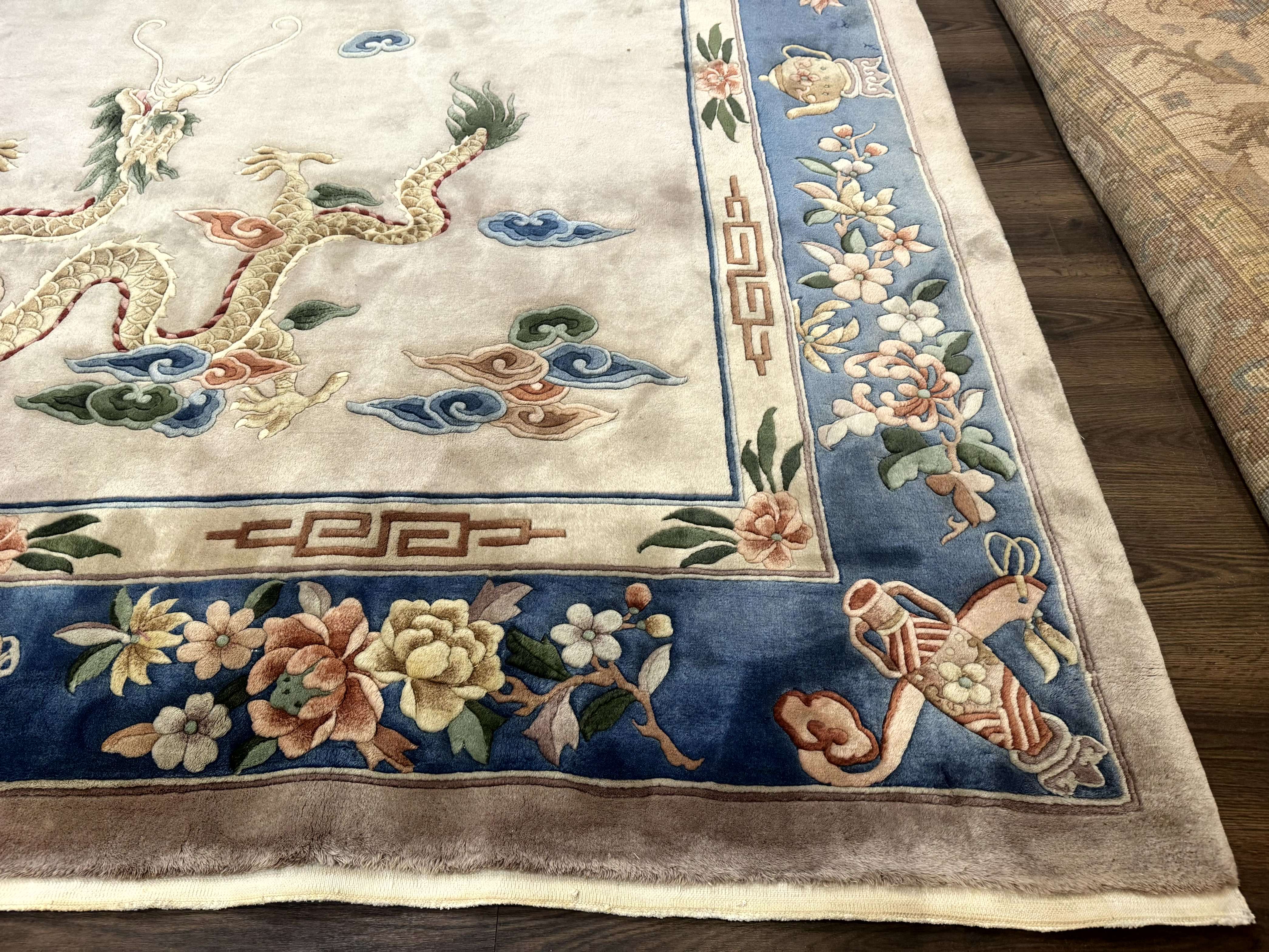 Chinese Wool Rug 9x12 with Dragons, Vintage Chinese 90 Line Carpet - Jewel Rugs
