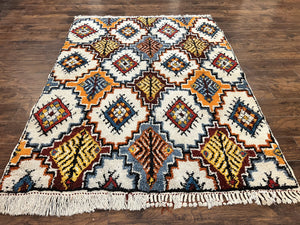 Moroccan Rug 5.9 x 7.6, Colorful Geometric Panel, Soft Wool, Handmade, Multicolor, Vintage Moroccan Carpet, Berber Rug, Rabat Rug