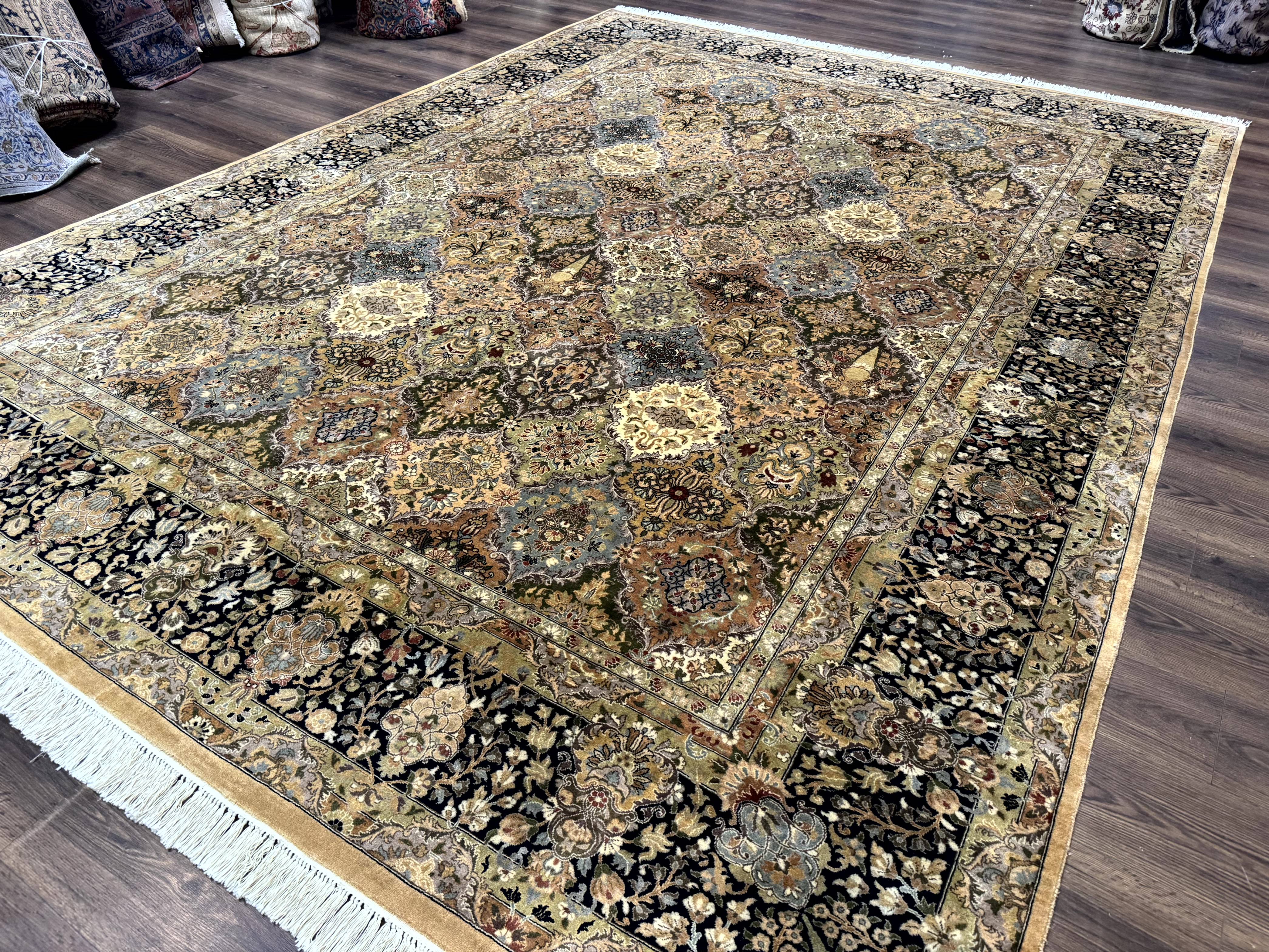Pakistani Persian Rug 9x12, Multicolor Panel Design, Tan-Gold, Fine 270 KPSI - Jewel Rugs